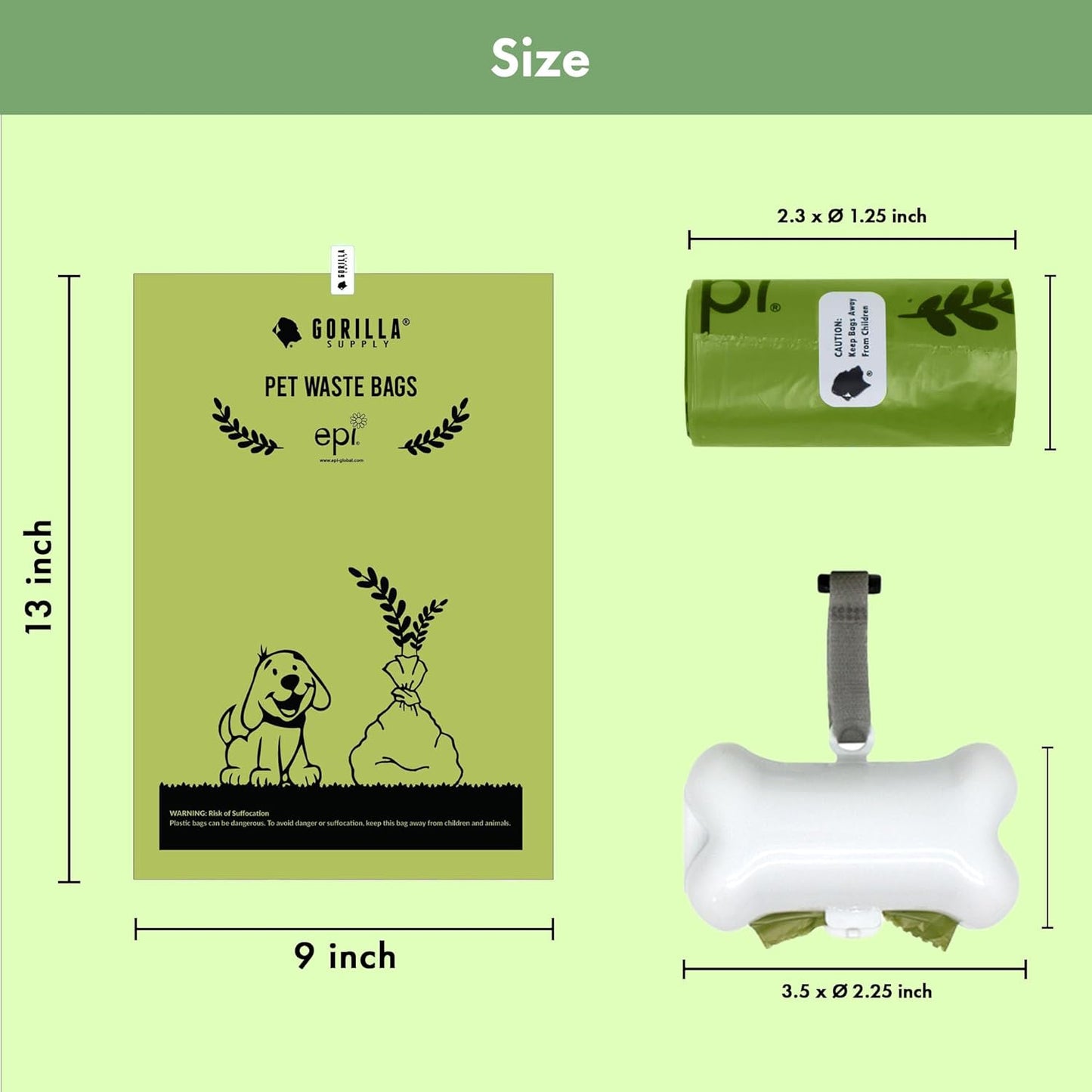 GORILLA SUPPLY Dog Poop Waste Bags with Dispenser and Leash Tie, 9" x 13", Green, 1000 Count