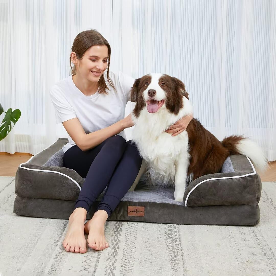 Comfort Expression Orthopedic Memory Foam Dog Beds, Waterproof Dog Beds Large Sized, Washable Dogs Beds with Removable Cover, Pet Sofa Couch with Bolster(Large,Olive Green)