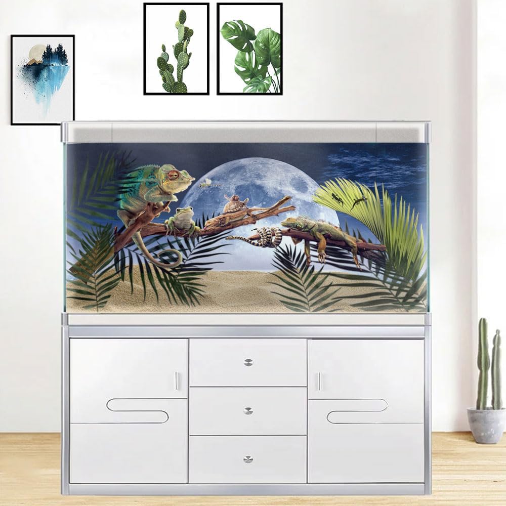 Moon Aquarium Background,Cool Sea Galaxy Parallel Space Themed Fish Tank Background, Cool Terrarium Background 72X16IN with 8 EVA Double-Sided Tape