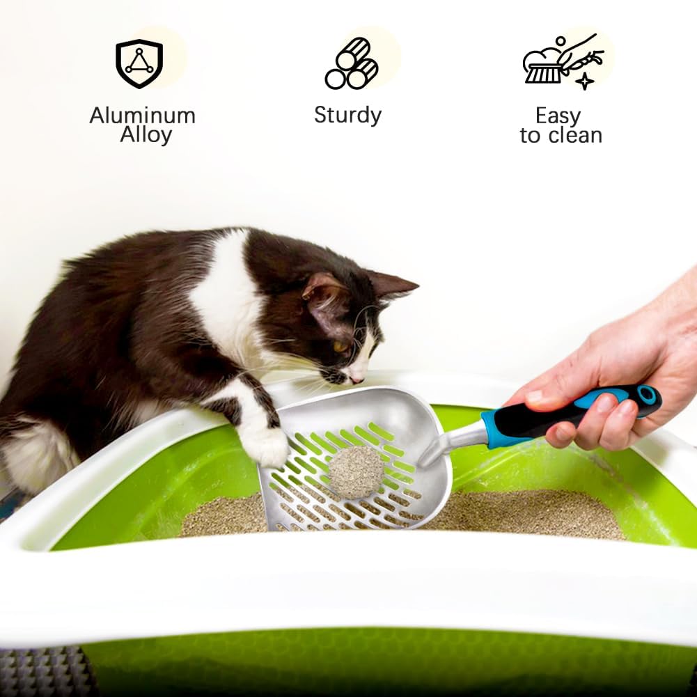 Cat Litter Scoop-Metal Cat Scooper-Long Handle Scoop,Cat Scooper-Poop Sifting-Mesh Shovel-Suitable for Cat Litter Box(Blue)