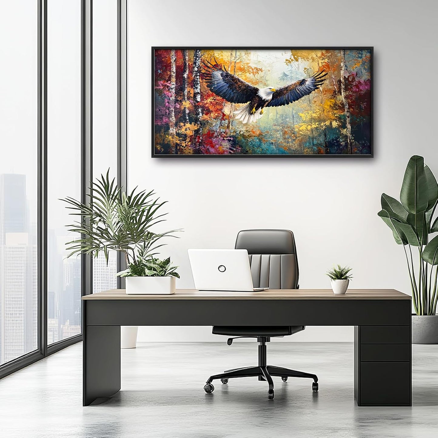 Extra Large Framed Bald Eagle Wall Art,Abstract Colorful Forest Wall Decor,Autumn Fall Forest Pictures for Living Room,Canvas Print Painting Modern Artwork Bedroom Office Home Decor 60L x 30W