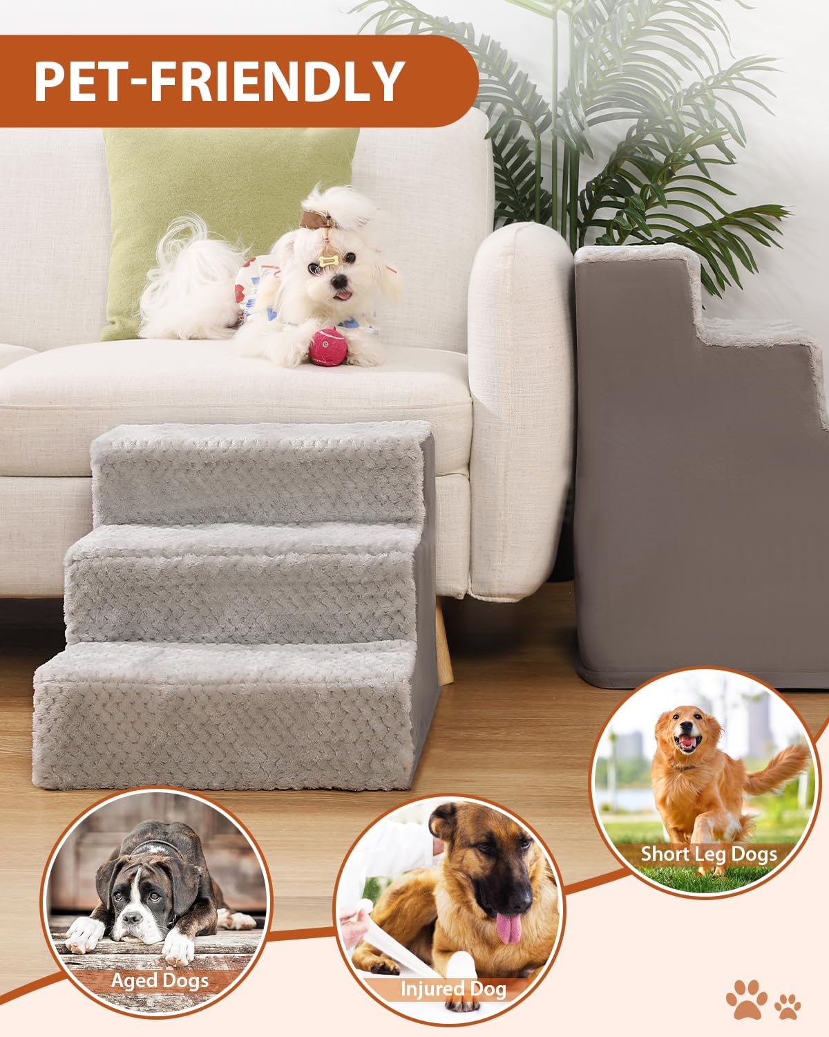 Dog Stairs for Small Dogs,22" H,5-Step Dog Steps for High Bed Couch and Sofa,Pet Stairs for Dogs and Cats Climbing with Non-Slip Bottom and Washable Cover,Grey