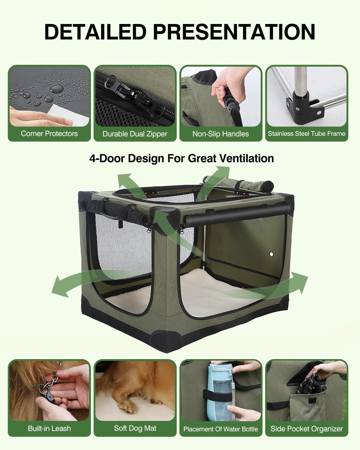 36 Inch Collapsible Travel Dog Crate for Medium Large Dogs, Portable Dog Crate 4-Door Foldable Soft Kennel with Durable Mesh Windows for Indoor & Outdoor Travel, with Storage Bag,Green