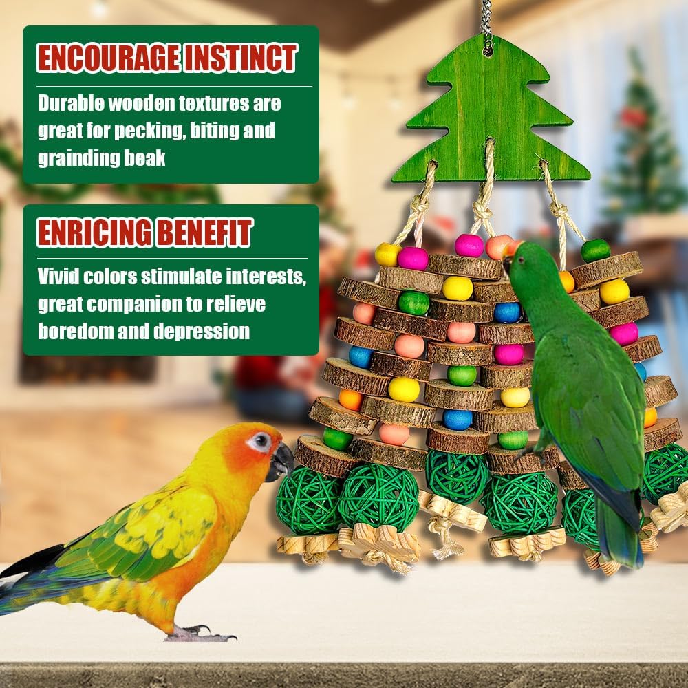 Parrot Toys, Large Bird Parrot Chewing Toys for Medium-Sized Macaws, Natural Wooden Blocks Christmas Tree Shape, African Grey Parrots, Amazon Parrots, Medium-Sized Bird cage Toys