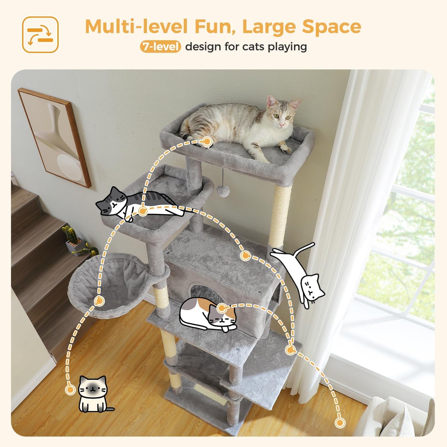 PAWZ Road Tall Cat Tree, 73 Inches Large Cat Tower with Large Padded Perch,2 Spacious Hammocks,8 Long Scratching Posts, XL Plush Cat Condo for Indoor Adult Cats,Gray