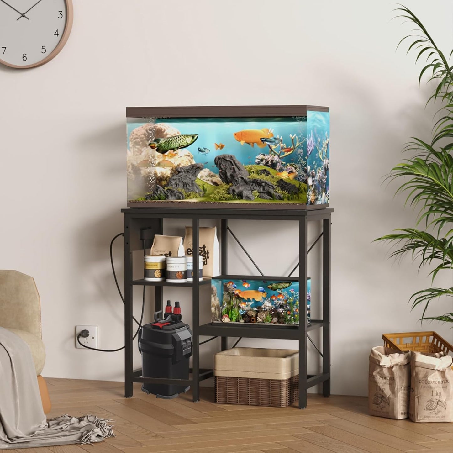 20-29 Gallon Fish Tank Stand with Power Outlet & LED Light, Metal Aquarium Stand with 3 Tier Adjustable Storage Shelves, Tank Stand for Reptile Tank, Turtle Tank, 30.7" L*13.8" W, Black