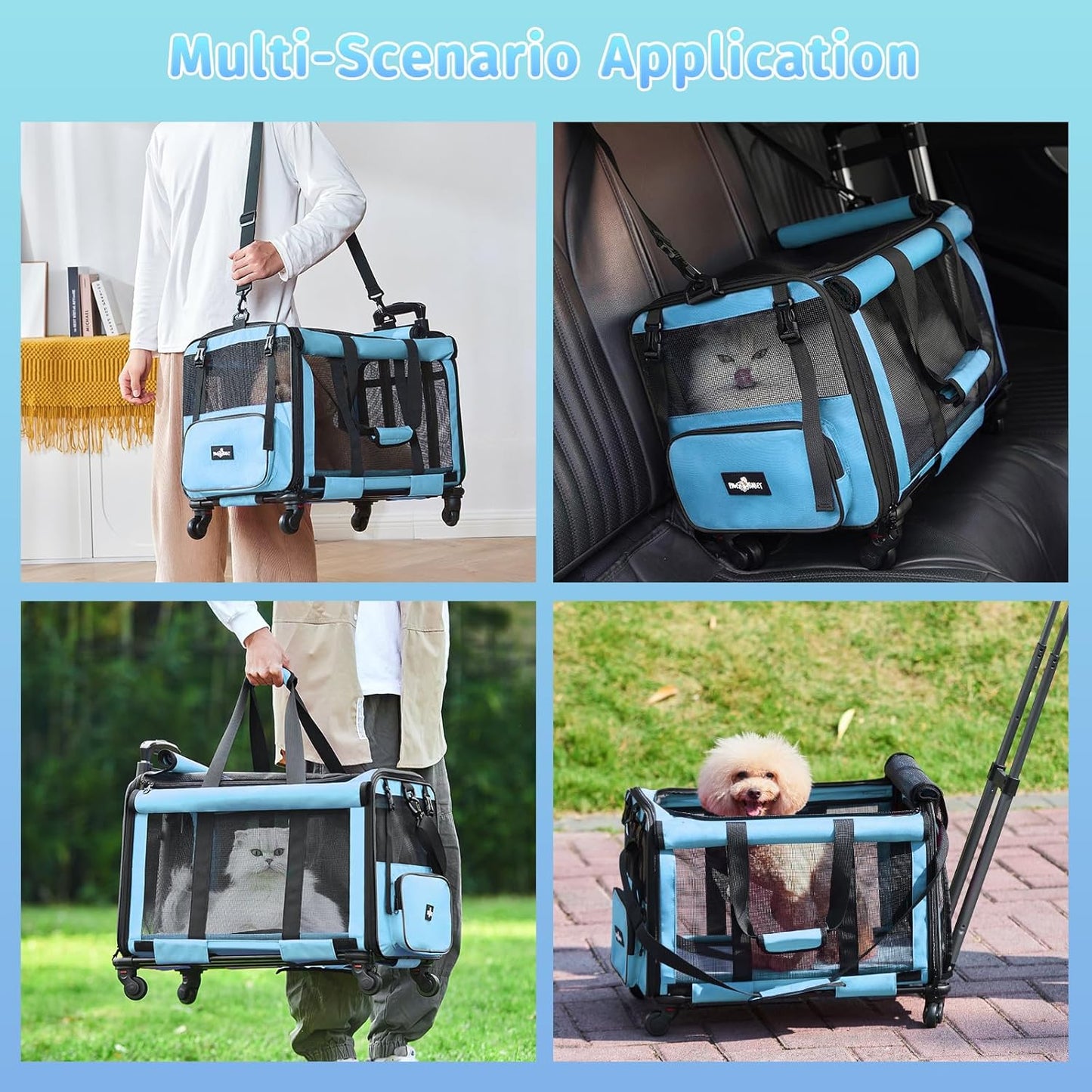 Pet Carrier with Wheels, Durable Airline Approved Cat Crate, Foldable Rolling Dog Carrier, Cat Rolling Bag for Cat &Dog, Use for Travel, Outdoor, Vet Visits, Camping, Indoor. Blue.