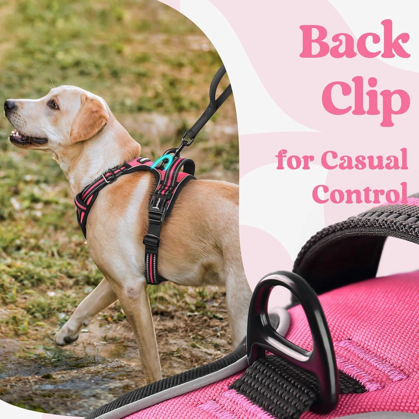 rabbitgoo Dog Harness Medium Sized, No Pull Pet Harness with 3 Buckles, Adjustable Soft Padded Vest with Control Handle, Walking Reflective Pet Vest for Medium Dogs, Rose Pink, M