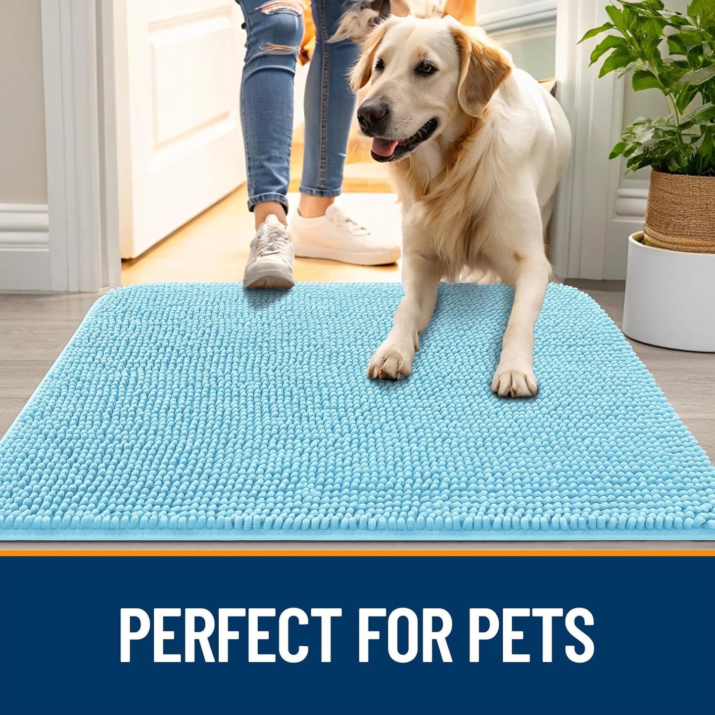 OLANLY Dog Door Mat for Muddy Paws 47x24, Absorbs Moisture and Dirt, Absorbent Non-Slip Washable Doormat, Quick Dry Chenille Mud Mat for Dogs, Entry Indoor Entryway Carpet for Inside Floor, Blue