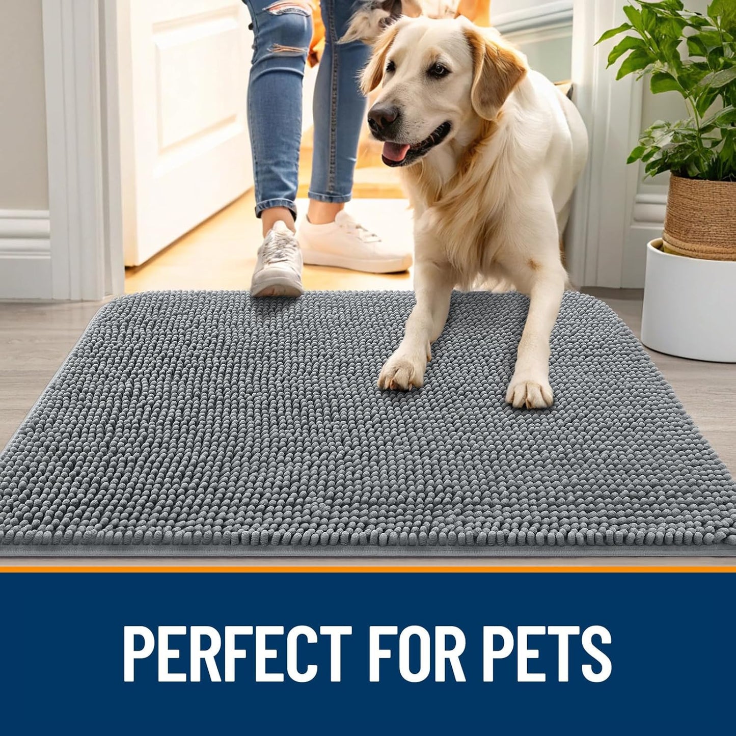 OLANLY Dog Door Mat for Muddy Paws 24x16, Absorbs Moisture and Dirt, Absorbent Non-Slip Washable Doormat, Quick Dry Chenille Mud Mat for Dogs, Entry Indoor Entryway Carpet for Inside Floor, Grey