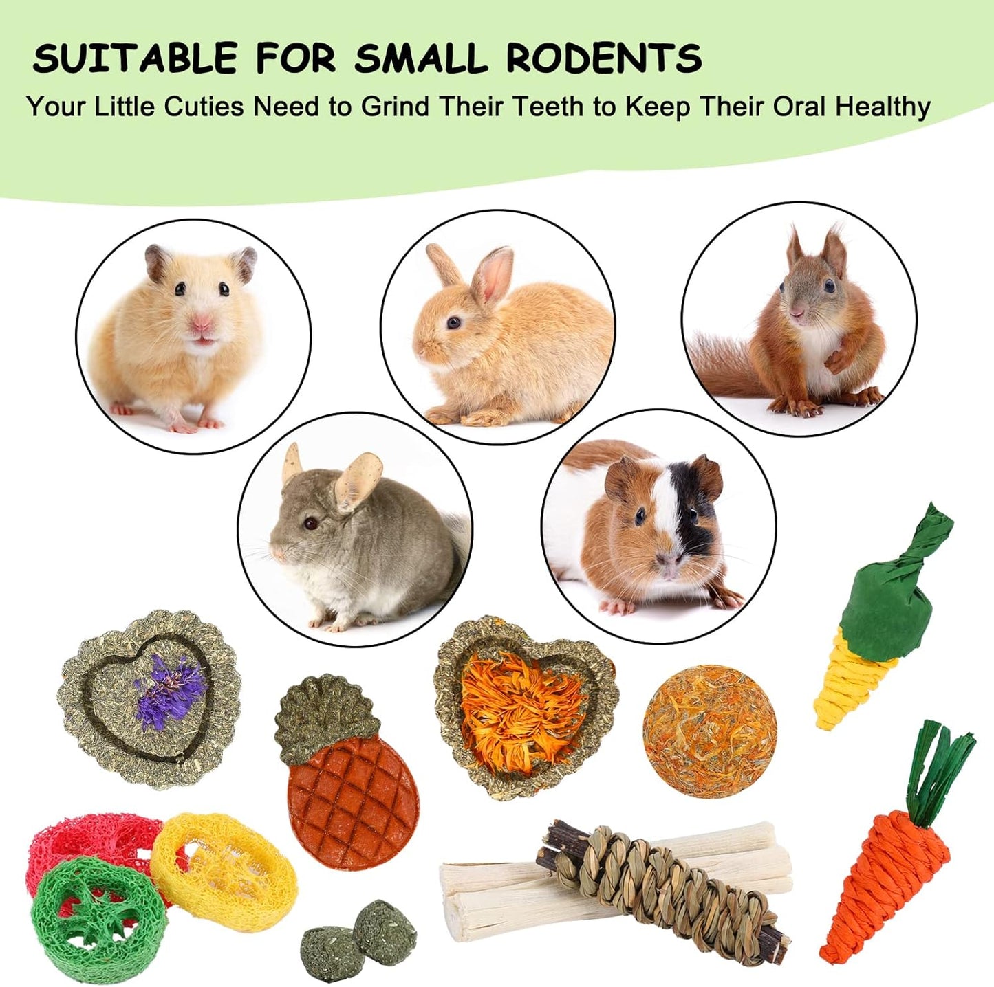 VESPRO Bunny Toys, 21PCS Rabbit Chew Toys for Teeth, Guinea Pig Natural Treats, Timothy Hay Sticks for Chinchillas Hamsters Rats, Small Animals Teeth Grinding