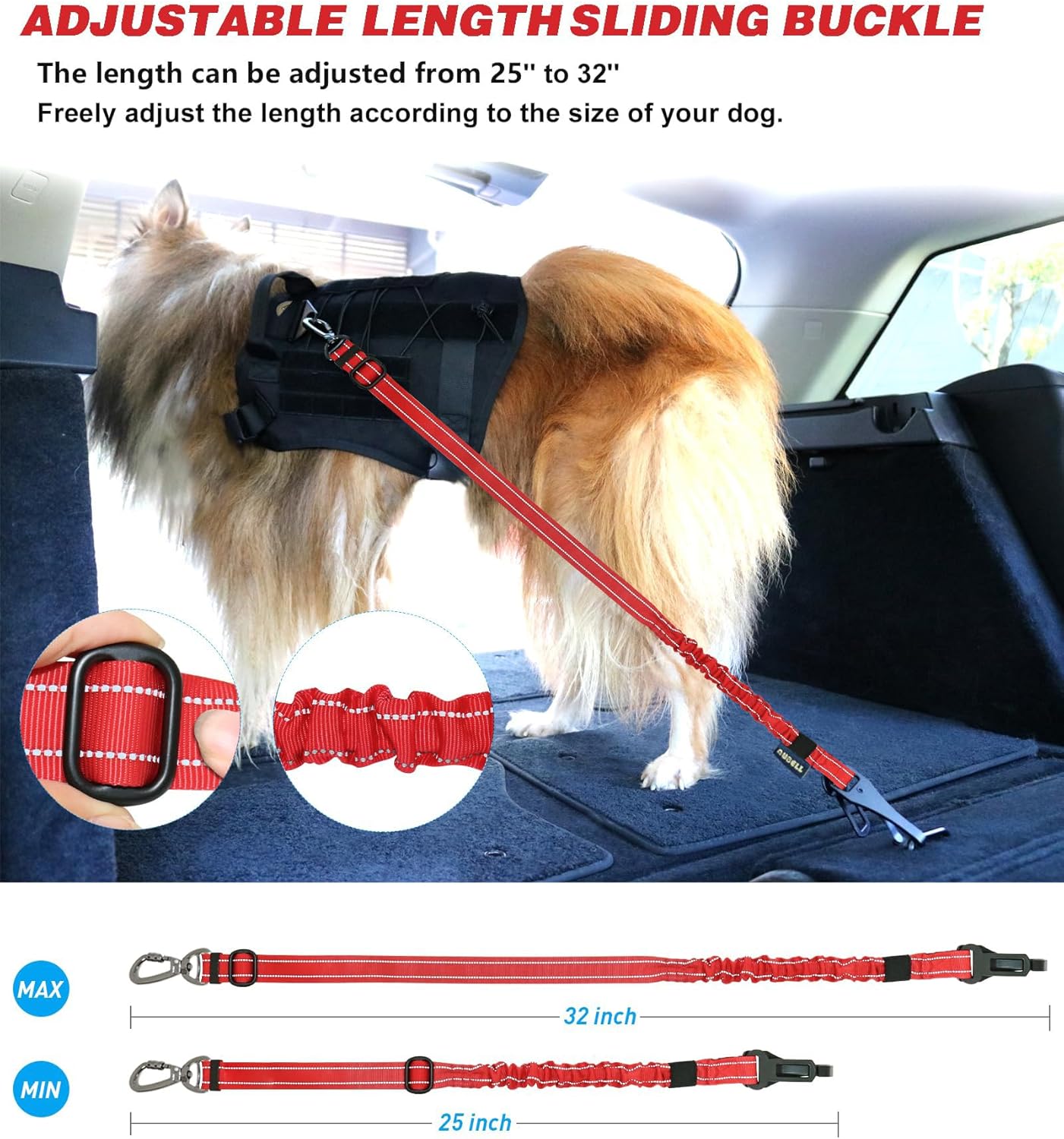 AUBELL Dog Seat Belt for Car,2 Pack Set 3-in-1 Adjustable Reflective Bungee Heavy Duty Dog Car Harness Tether with Clip Hook Latch & Buckle,Swivel Zinc Alloy Carabiner,Black+Red