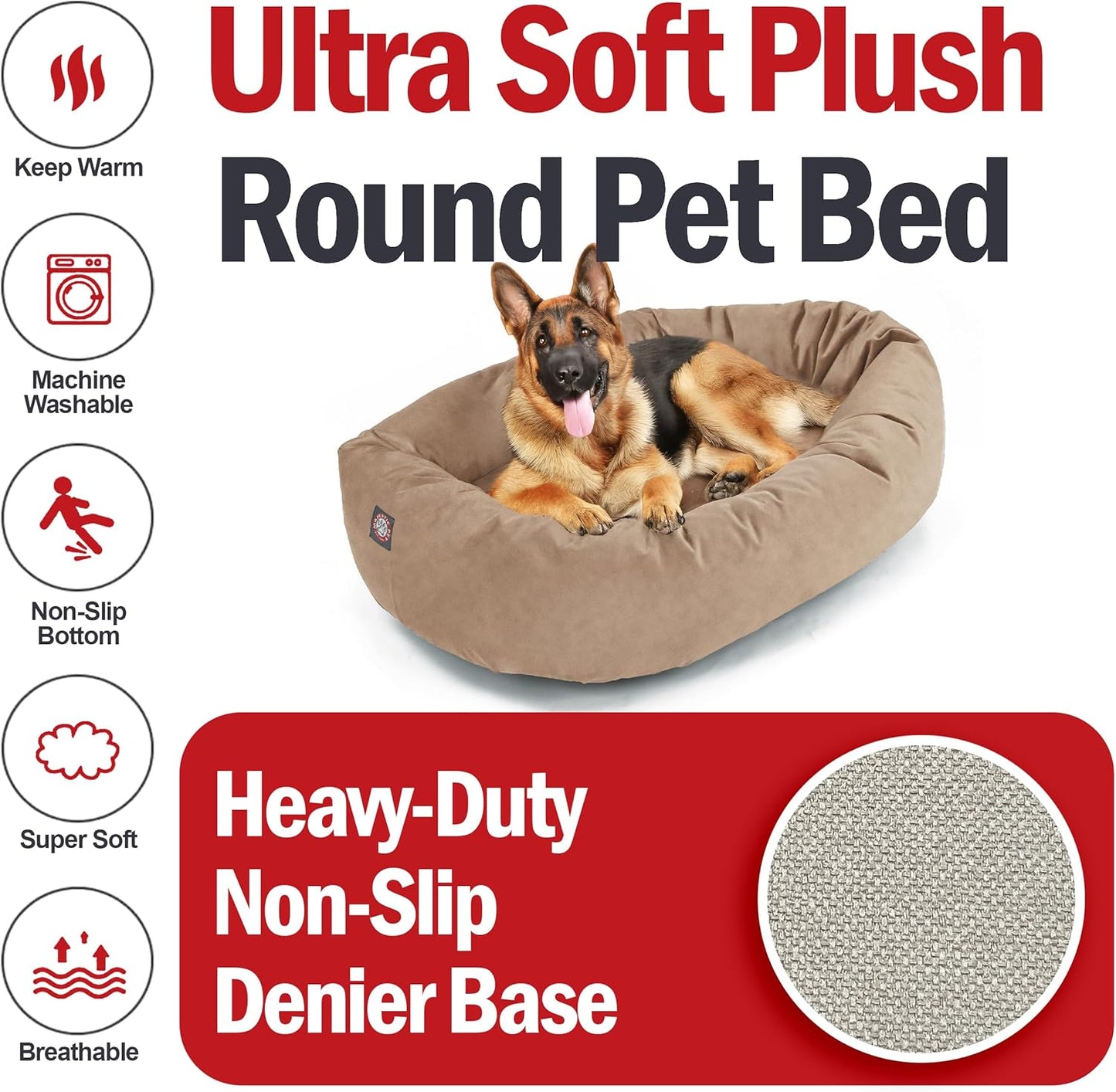 Majestic Pet 52 Inch Suede Calming Dog Bed Washable 52x35x11 (Inch) – Cozy Soft Round Donut Dog Bed with Spine Support for Dogs to Rest Their Head - Pet Bed X- Large – Stone (2025)