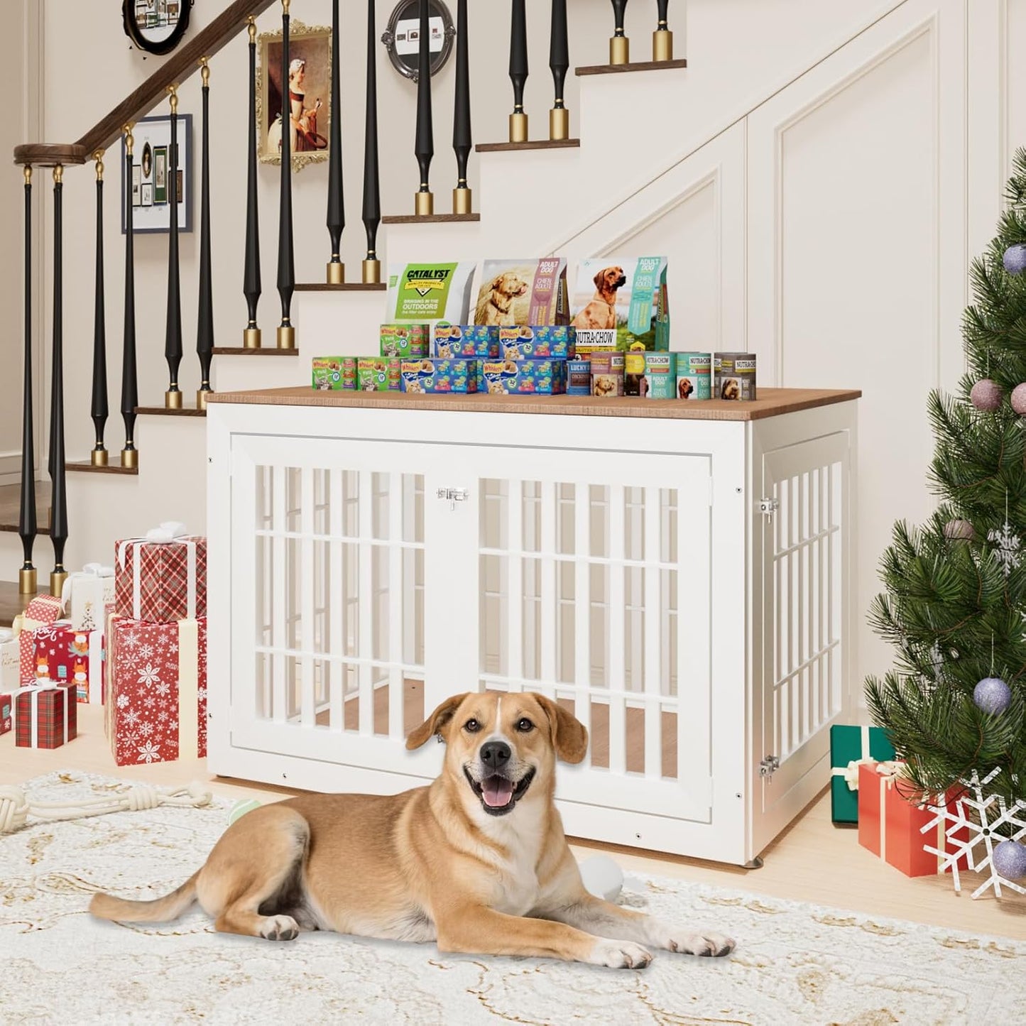 48" Heavy Duty Dog Crate Furniture for Small,Medium and Large Dogs,Rustic Wooden Dog Cage Kennel Indoor Furniture with Waterproof Top,Decorative Pet House Side End Table (White & Wood)