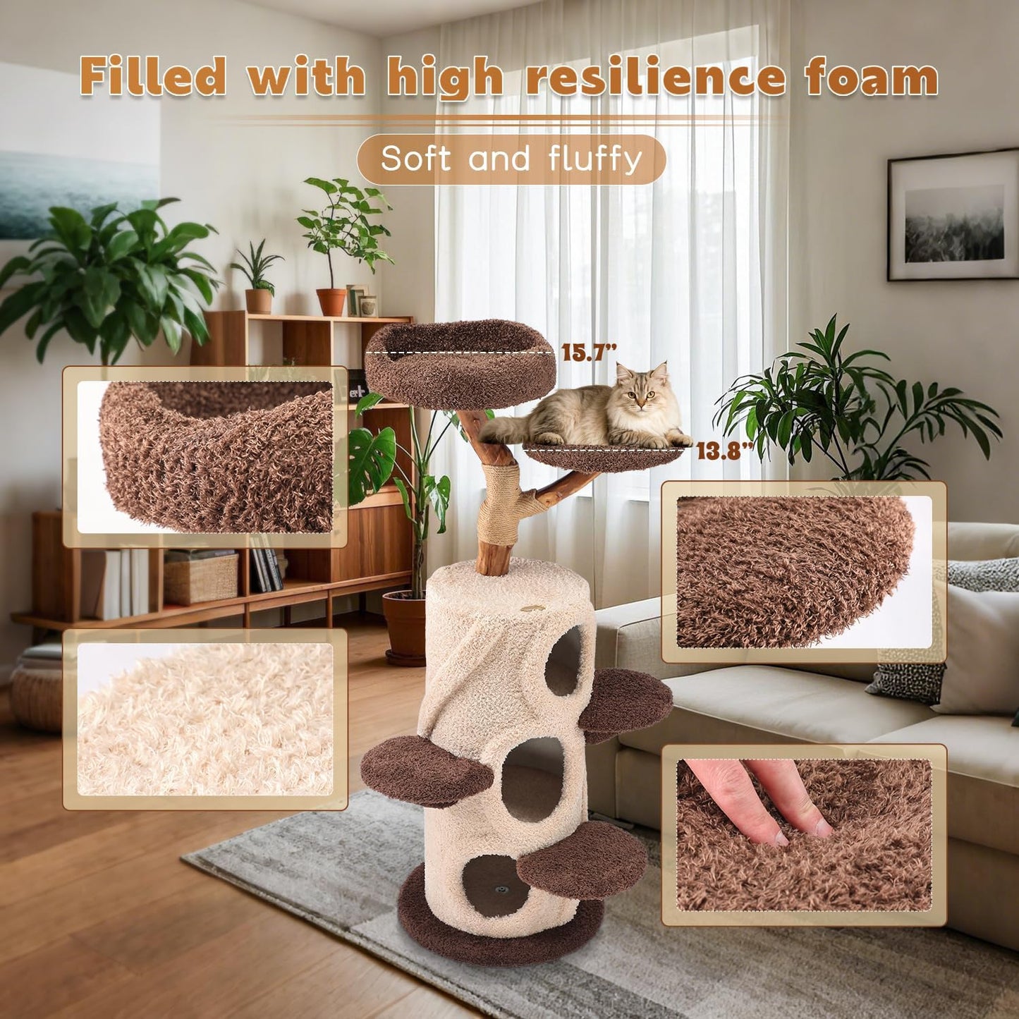 Luxury Treehouse Cat Tree for Indoor Large Cats,54.7'' Tall Modern Wood Cat Tower with 3 Level House,4*Cozy Perch,1*Soft Viewing Bed,Heavy Duty Wide Base,Sisal Scratching Post (54.7inch)