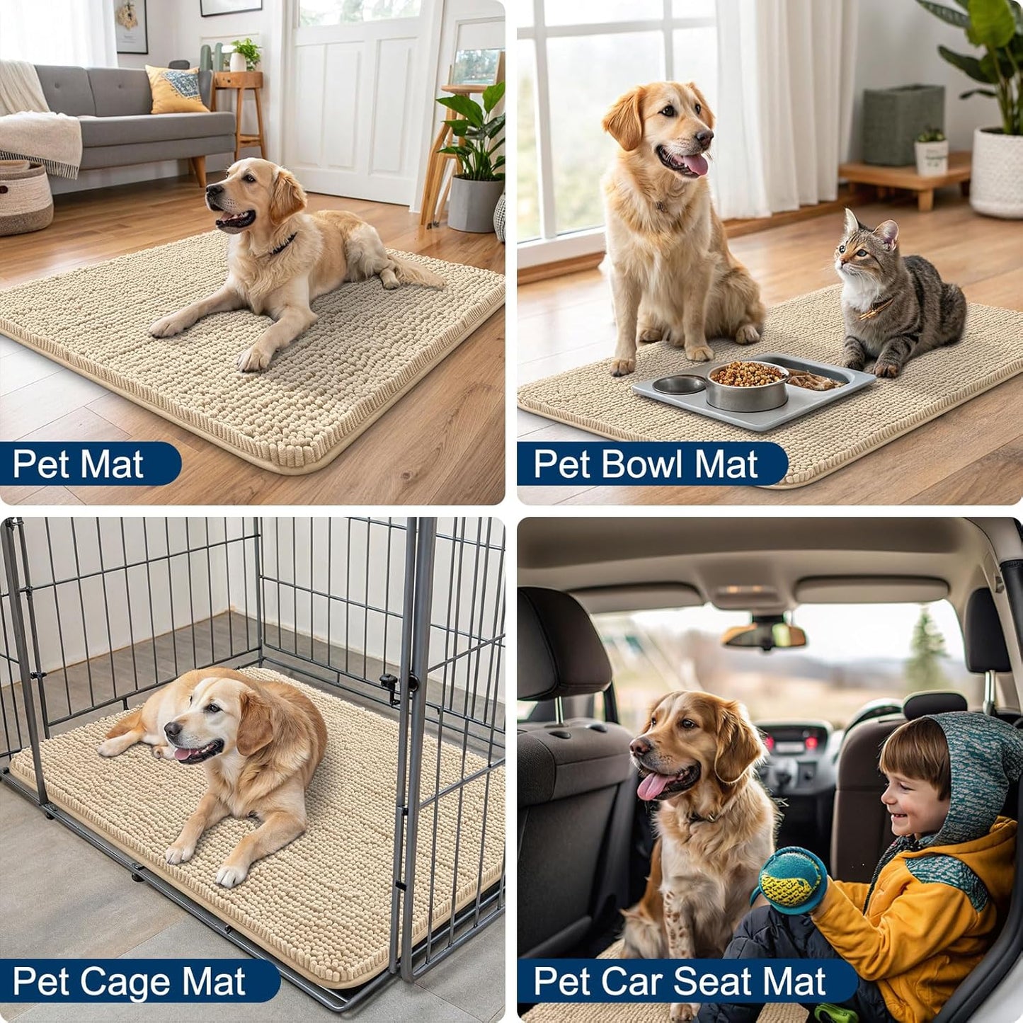 Smiry Dog Door Mat for Muddy Paws 48x30, Absorbs Moisture and Dirt Doormat, Non-Slip Washable Quick Dry Chenille Front Door Mat Indoor Entrance, Entryway Carpet for Inside Floor, Beige