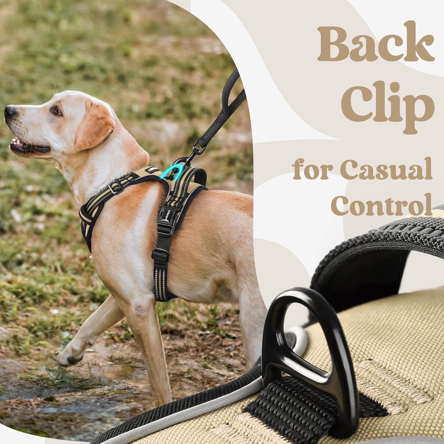 rabbitgoo Dog Harness for Large, No Pull Pet Harness with 3 Buckles, Adjustable Soft Padded Vest with Control Handle, Walking Reflective Pet Vest for Large Dogs, Beige, L
