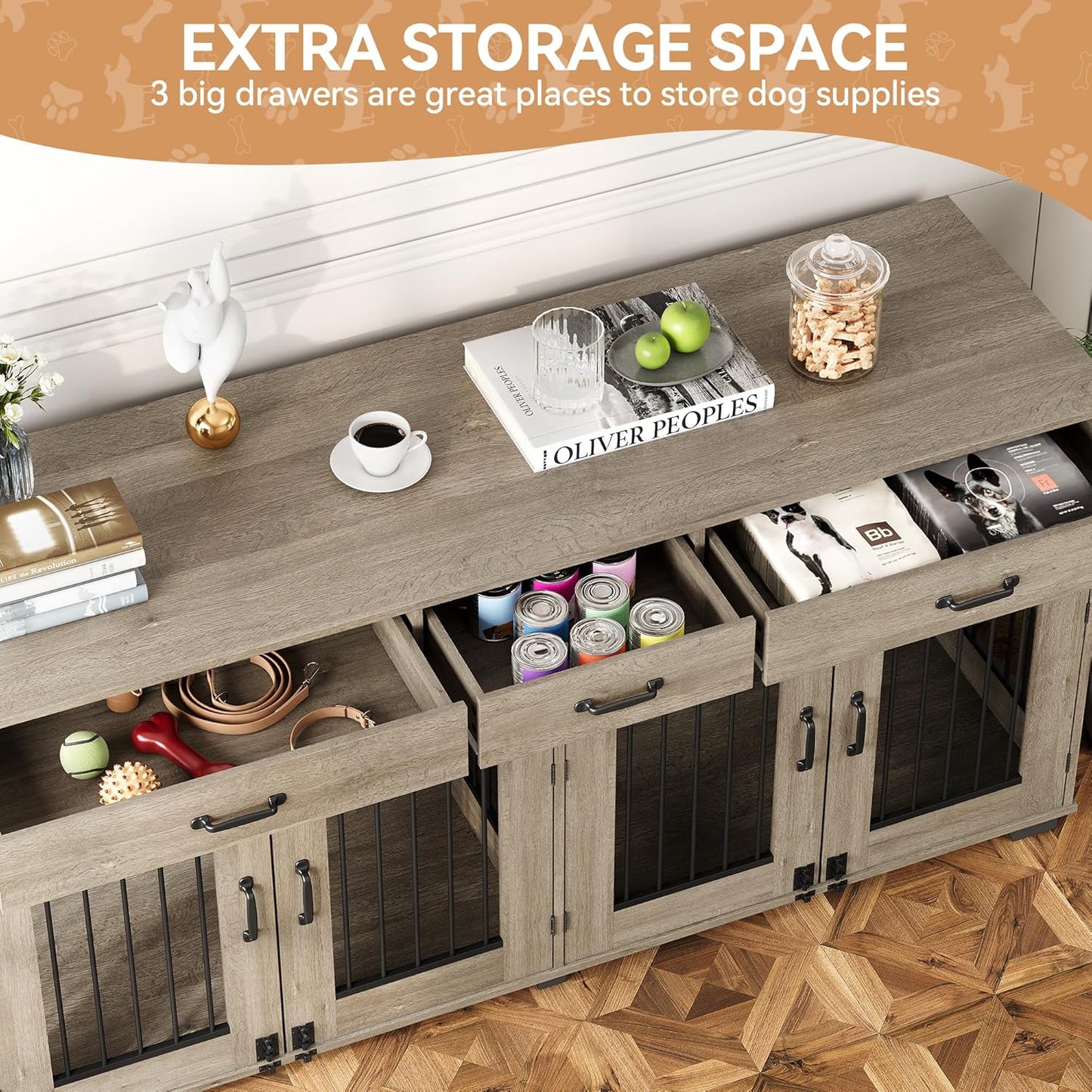 71'' Dog Crate Furniture, Wooden Indoor Dog Kennel for 2 Dogs with 3 Drawers and Removable Room Divider, XXL Double Dog Crate TV Stand End Table with Double Doors for Large Medium Dogs, Grey