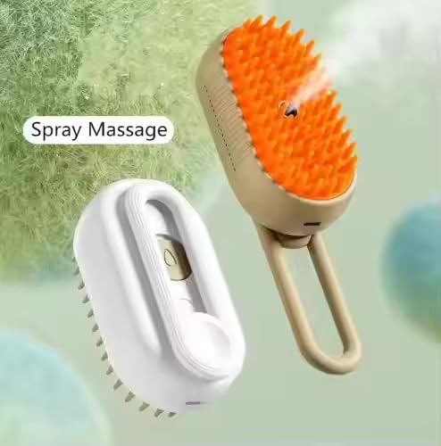 3-in-1 Cat Grooming Brush – Water Spray & Self-Cleaning Shedding Brush for Cats & Dogs – Pet Hair Removal & Massage Comb for Long & Short Hair (beige).