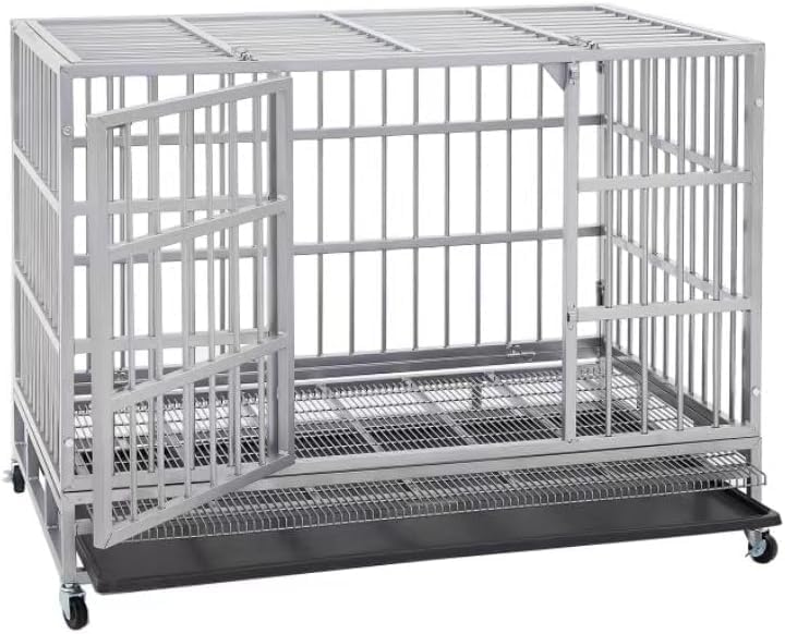 48 Inch Heavy Duty Dog Crate Cage with Wheels, Indestructible and Escape Proof Steel Kennel Indoor for High Anxiety Dogs with Sturdy Locks, Double Door and Removable Tray, Extra Large XL XXL