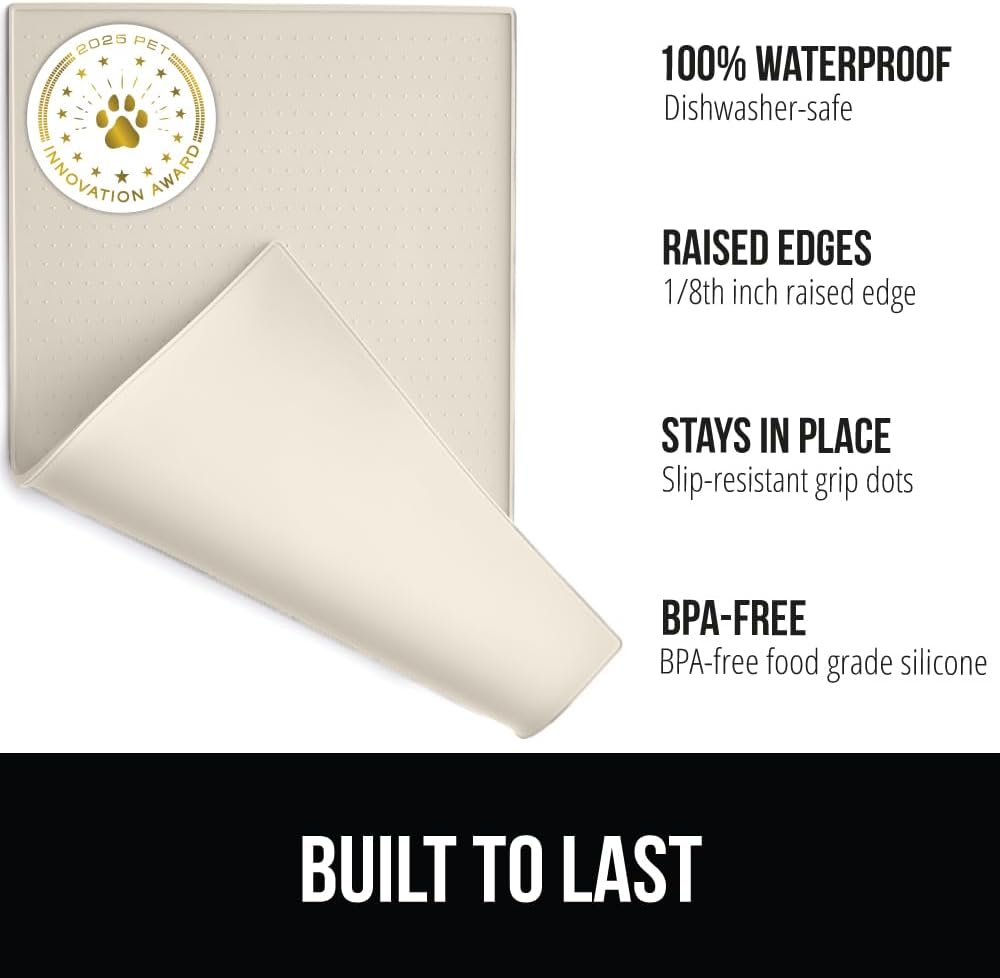 GORILLA GRIP 100% Waterproof Raised Edge BPA Free Silicone Pet Feeding Mat, Dog Cat Food Mats Contain Spills Protects Floors, Placemats for Cats and Dogs Water Bowl, Pets Accessories 16x10, Cream