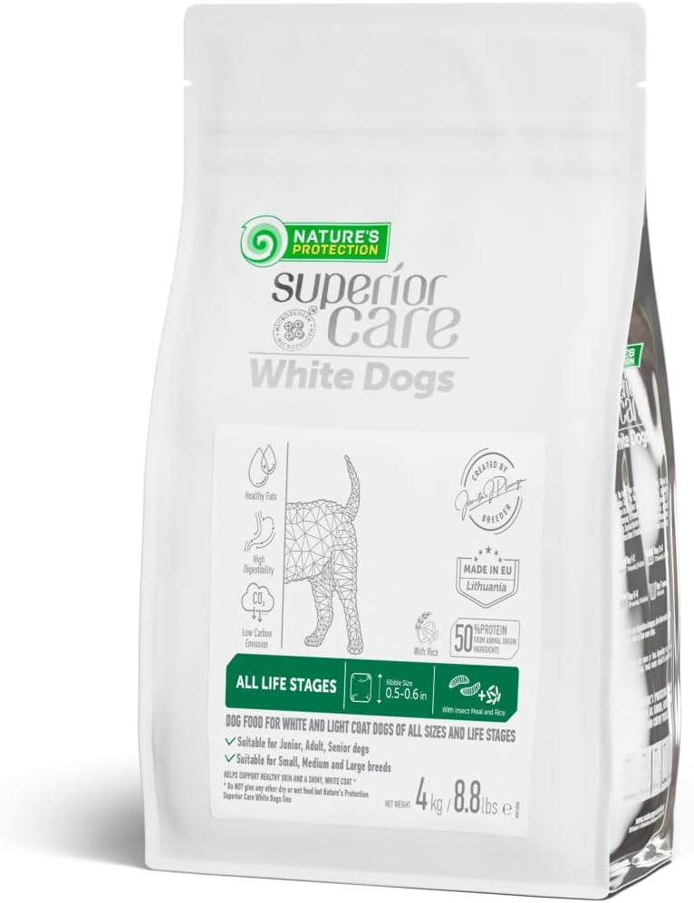 Nature's Protection Dry Dog Food for Puppy & Adult - High Protein Tear Stain Formula - Hypoallergenic Kibble for Small, Medium & Large Breed Dogs with Light Fur (Superior Care - Insect, 8.8 lb)
