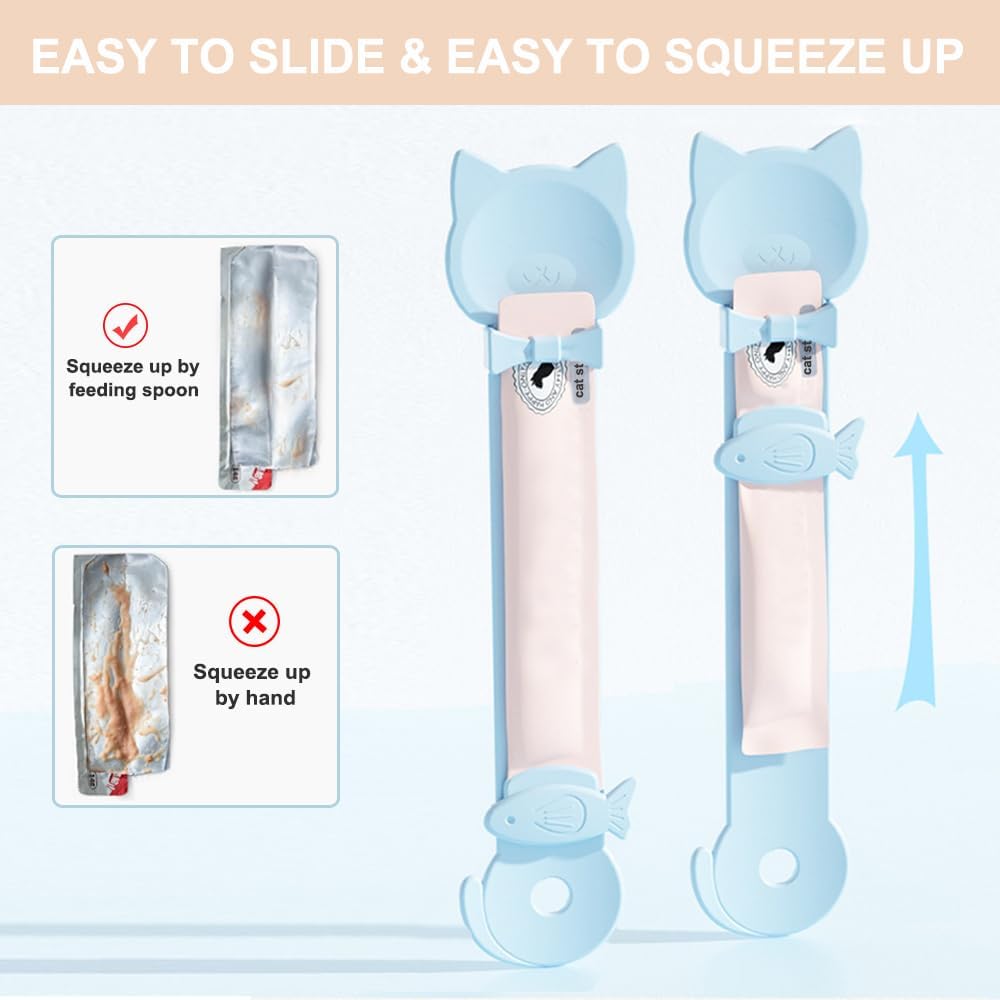 PETPAWLOVELY-2PCS Cat Treat Spoon Squeeze,Cat Strip Feeder Spoon,Multi-Function Dispenser Tool,Easy Feeding Spoon for Licky Treats,Pet Food Spoon for Wet Food(2 Color)