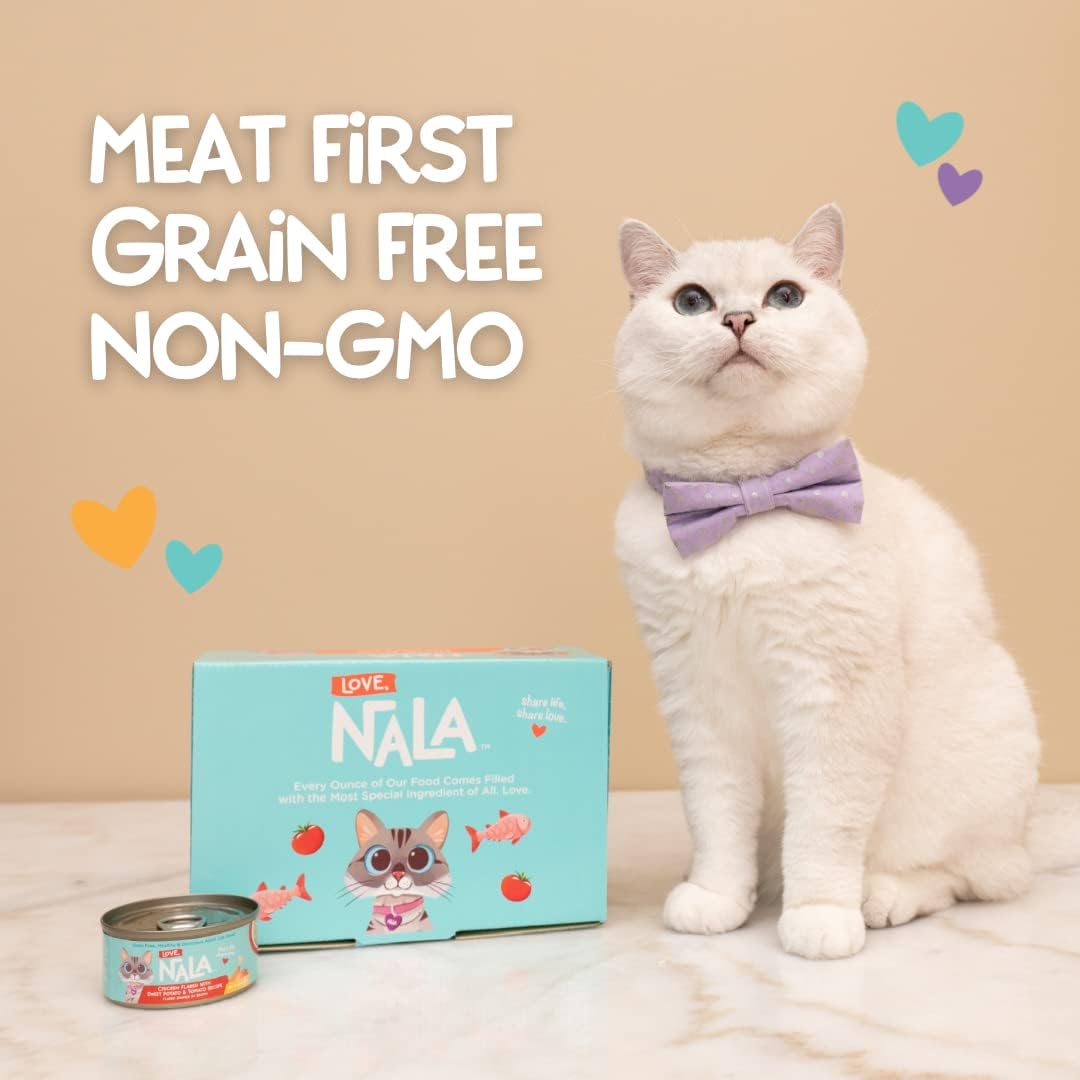 LOVE, NALA - Natural Adult Cat Wet Food - FLAKED Salmon in Broth - Grain Free, Non-GMO, Lean Protein with Omega 3, Added Minerals & Vitamins - 12 Pack, 2.4 lbs.