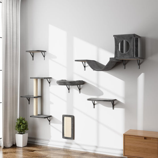 NUNU LAB Wall Mounted Cat Climber Set, 6 Pcs Cat Furniture Set with House, Bridge, Steps, Scratcher Board and Hammock, Shelves for Indoor, Luxury Walls Furniture(Dark Grey)