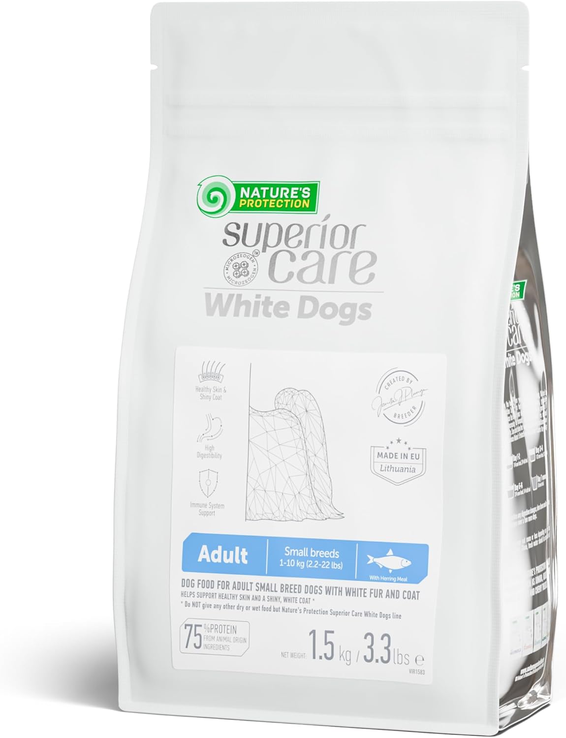 Nature's Protection Grain Free Dry Dog Food for Small Breed - High Protein Tear Stain Formula - Small Kibble for Adult Dogs with Light Fur (Superior Care - Herring, 3.3 lb)