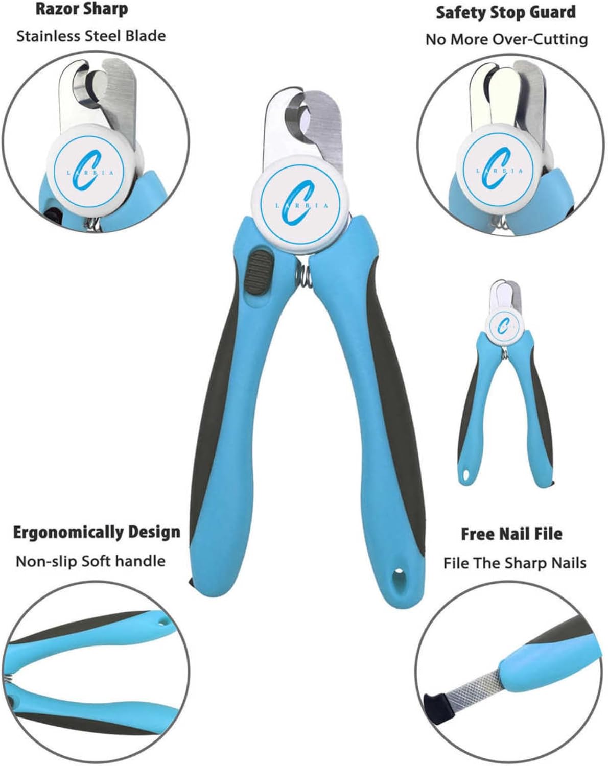 Pet Nail Clippers, Stainless Steel, Ergonomic Non Slip Design, Safe Home Pet Grooming for Cats and Dogs (Blue)