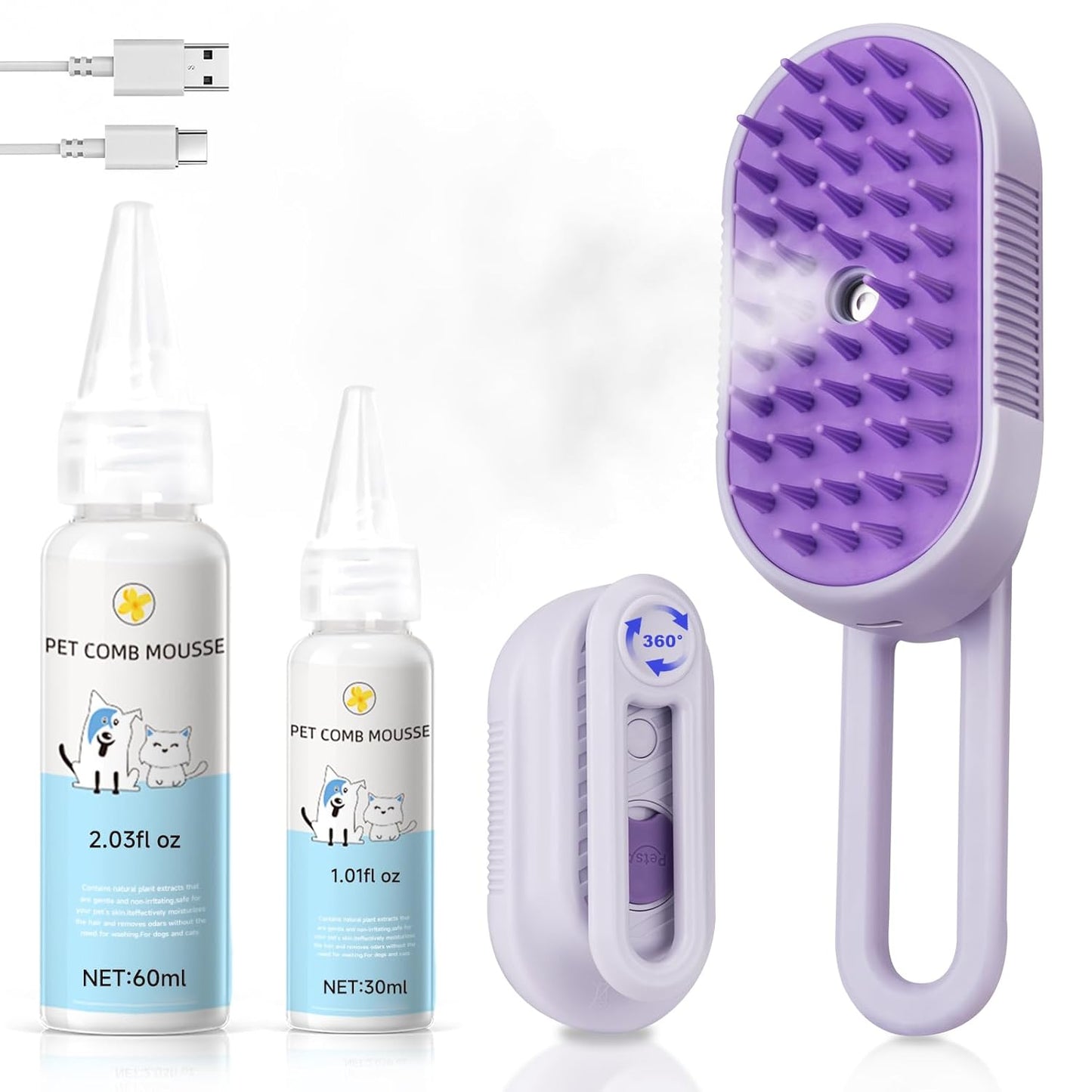 Steam Brush for Cat & Dog – 3-in-1 Spritz Pet Spray Hair Removal Comb for Grooming & Shedding Steam – Water Brush for Long & Short Haired Pets– Includes Two Bottles Waterless Shampoo