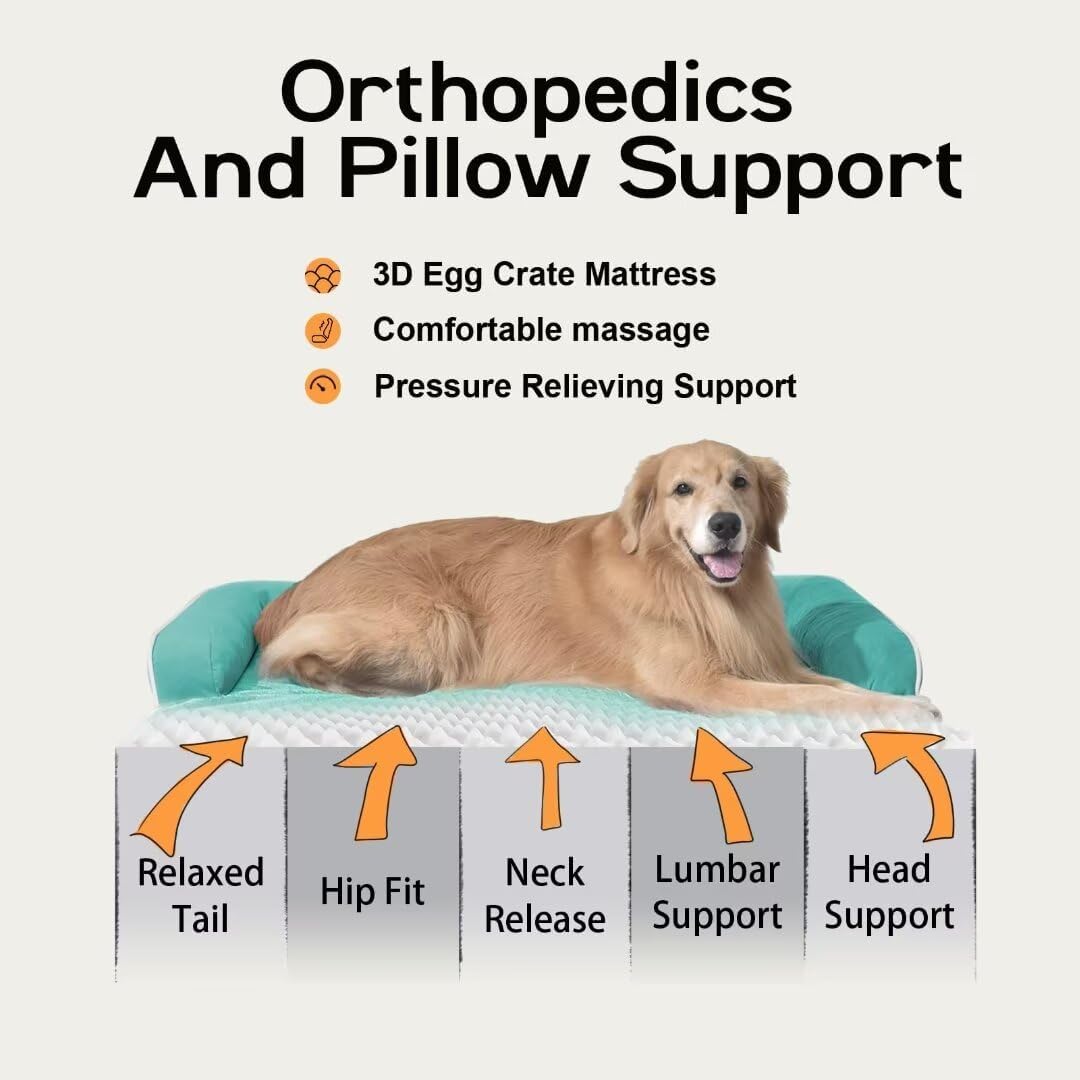 Orthopedic Large Dog Bed Washable, Orthopedic Dogs Bed with Removable Cover, XLarge XL Pet with Bolster, Washable Aqua Blue Large Dog Beds with Egg Foam for Medium Gaint Dogs