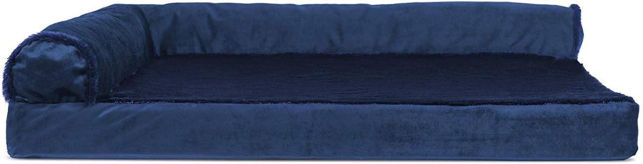Furhaven Cooling Gel Dog Bed for Large/Medium Dogs w/ Removable Bolsters & Washable Cover, For Dogs Up to 55 lbs - Plush & Velvet L Shaped Chaise - Deep Sapphire, Large