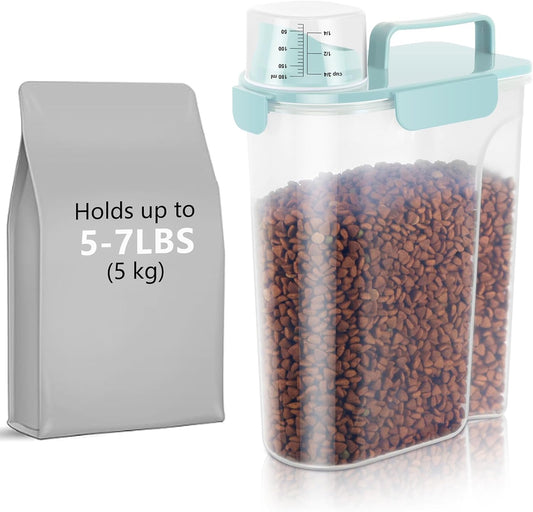 5-7Lbs Airtight Cat Dog Food Storage Container Portable with Upgraded Large Spout and Cup, Plastic Pet Dispenser for Small Animal Kibble, Bird Seed, Oatmeal, Rice, Flour, Brown Sugart-Sky Blue