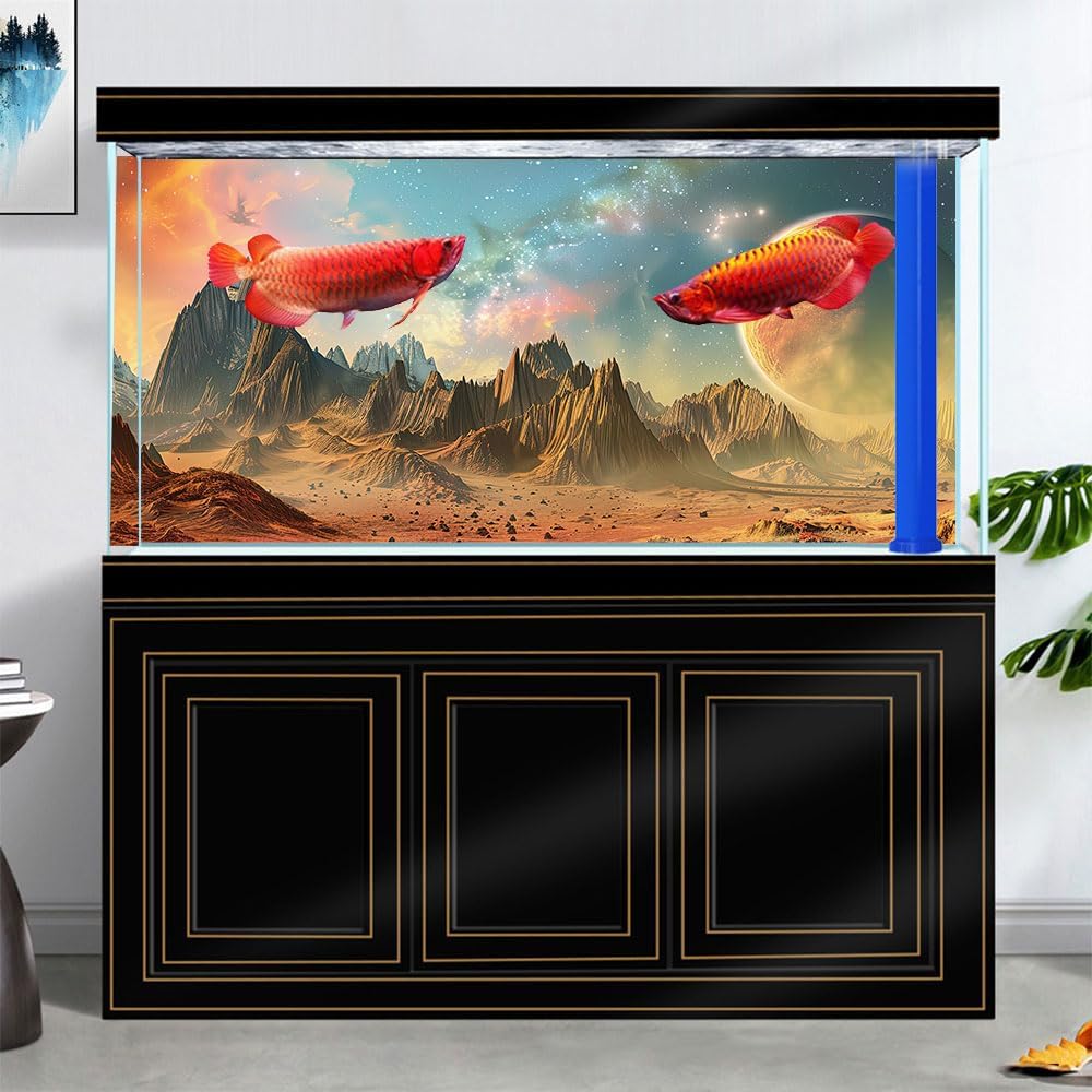 Cosmic Aquarium Background,Cool Galaxy Parallel Space Themed Fish Tank Background, Tropical Desert Terrarium Background 30X12IN with 8 EVA Double-Sided Tape