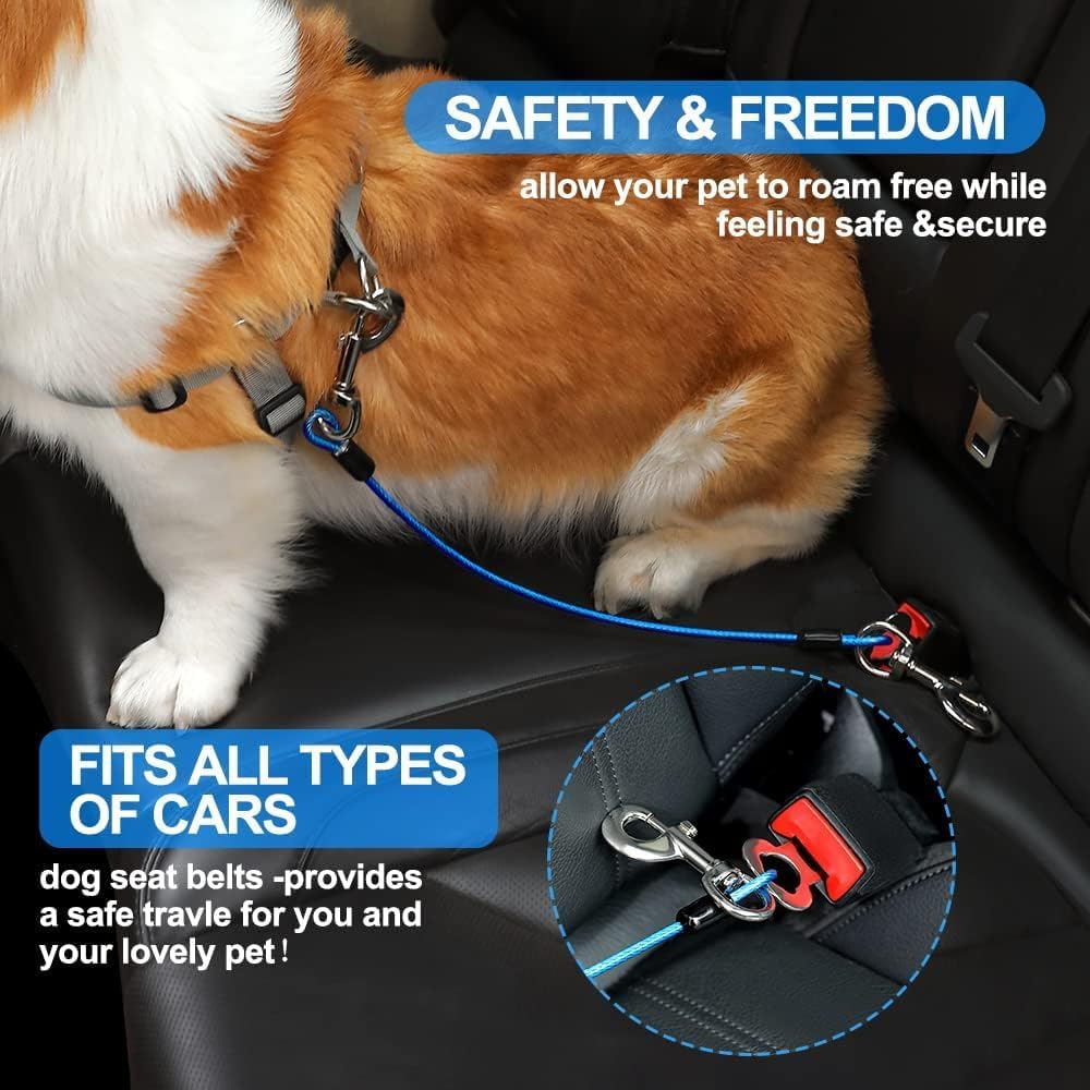 Dog Seat Belt Harness for Car,Dog Seatbelt of Coated Wire Leash Safety Restraint,No Chew Tether Cable Vehicle,Double Clips & Latch(Blue, 32 inch/80 CM)