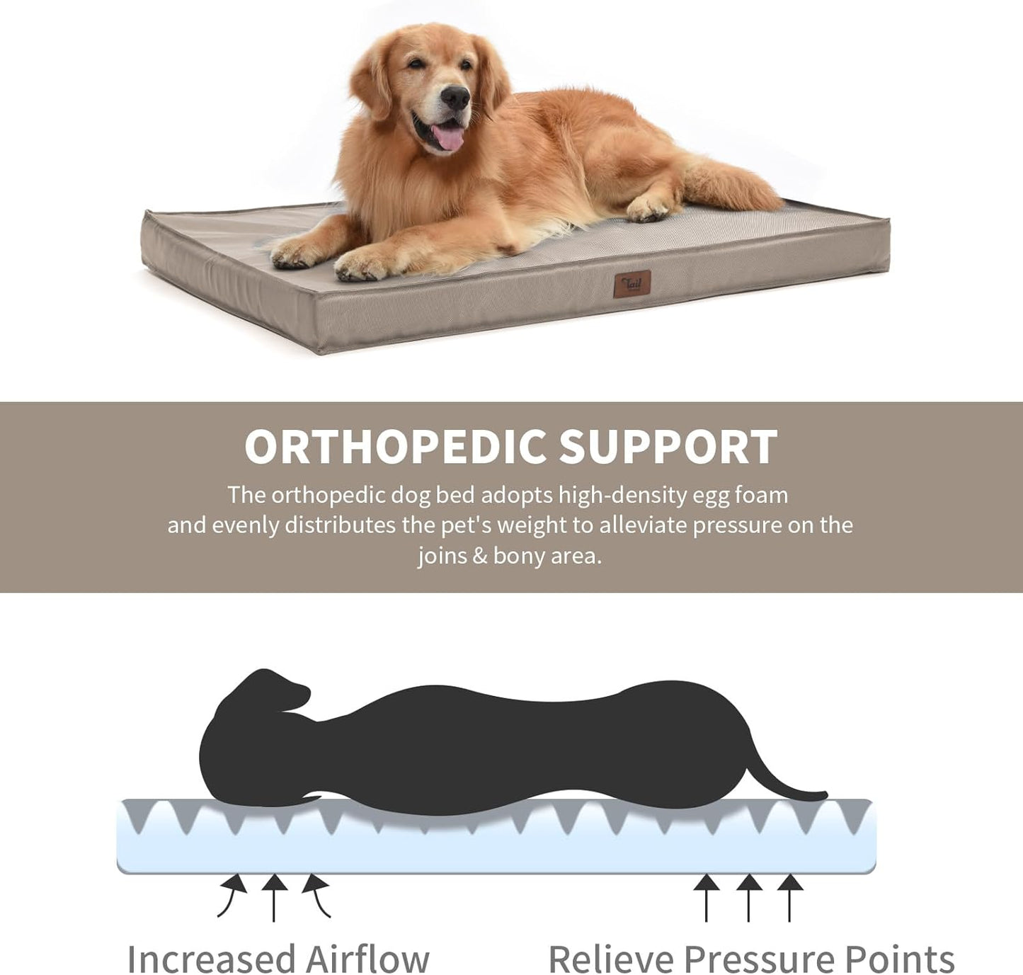 Outdoor Dog Bed for Medium Dogs, Waterproof Dog Crate Bed for Puppy Beds, Orthopedic Egg Crate Foam Pet Bed with Washable and Removable Oxford Cover, Khaki