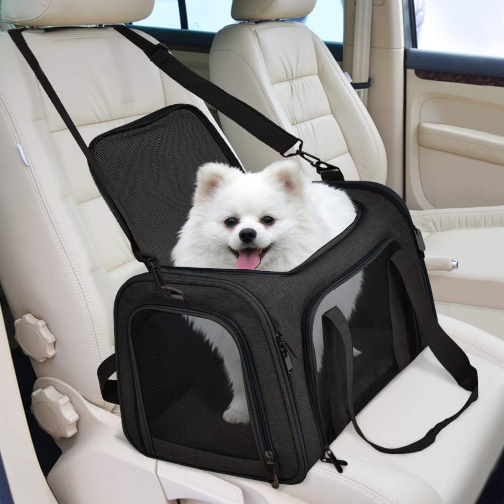 Large Soft Sided Cat and Pet Carrier for Cats and Puppies up to 25Lbs - Collapsible, Waterproof Travel Carrier - Black