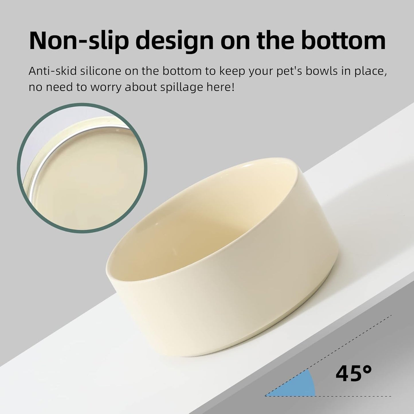 Ceramic 5.1inch Raised Double Bowls Set with Wooden Stand, Elevated Food & Water Bowls for Small Breed Dogs, Cats, Kitty, Weighted Dog Dishes, Pet Bowls(13.5oz, Beige)