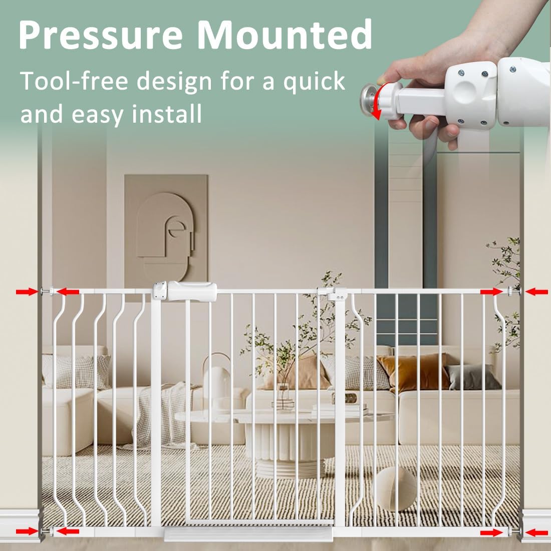 TSAYAWA Walk Through Baby Gate with Door, 62-67 Inch Wide Presure Mounted No Drill Metal Auto Close Child Gate for Stair Doorway - Indoor Outdoor Safty Gate for Toddler Dog Doggie, White