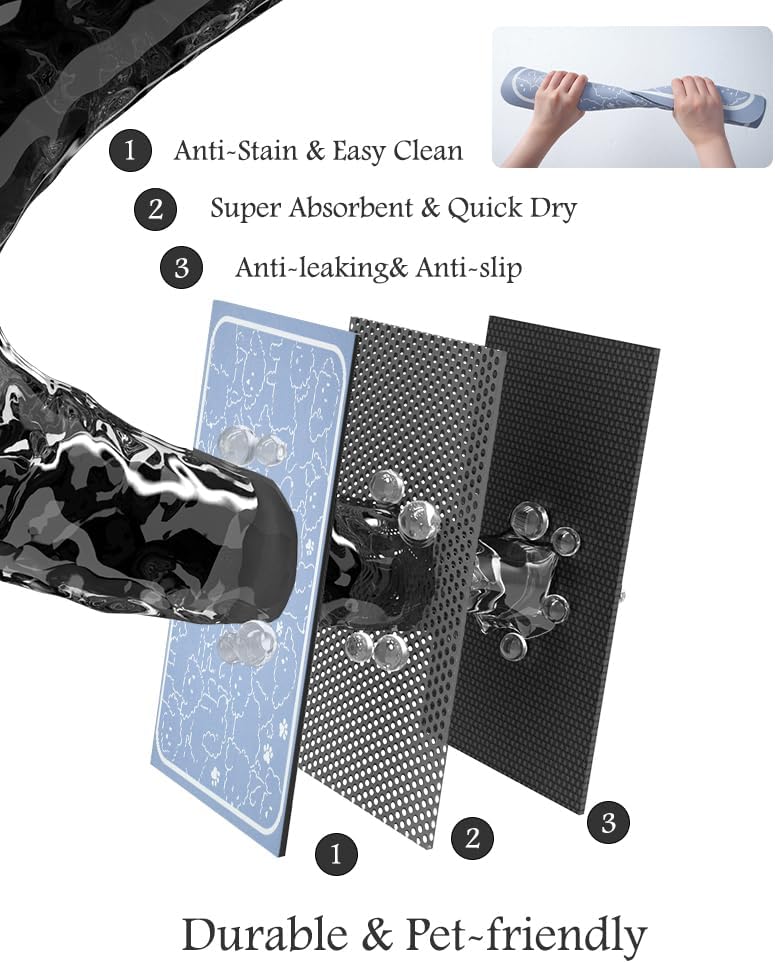 Pet Feeding Mat-Absorbent Dog Mat for Food and Water Bowl-No Stains Quick Dry Water Dispenser Mat-Dog Accessories Pet Supplies-Bowl for Messy Drinkers（BLUEDOGS,17"x28"