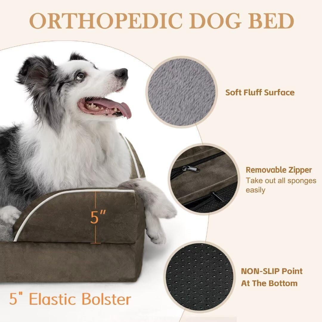 Comfort Expression XL Dog Bed for Extra Large Dogs, Waterproof Orthopedic Foam Dogs Beds with Bolster, Washable Dog Sofa Pet Bed with Removable Cover & Non-Slip Bottom(X-Large,Dark Green)