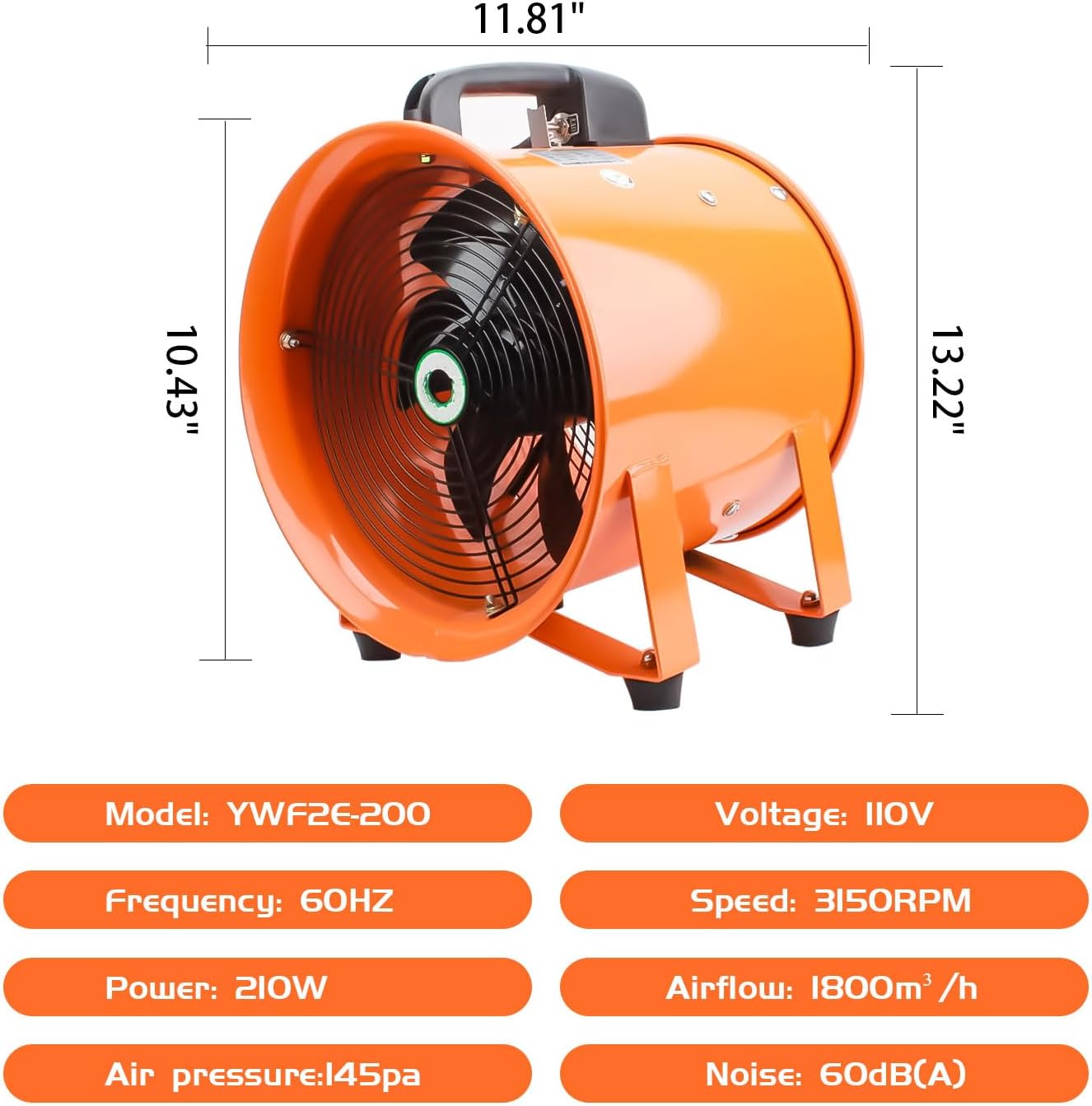dreamdragon 8" High-Velocity Portable Utility Blower Fan, Industrial Exhaust Fan with 25ft Flexible Duct Hose, 3150 RPM Low-Noise Ventilator for Basements, Workshops, Warehouses, and Confined Spaces