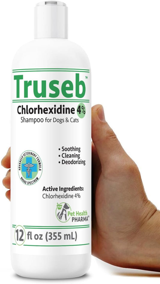 Truseb Topical Chlorhexidine 4% Shampoo for Dogs, Cats & Horses (12 oz)- with Aloe for Cleansing (Chlorhexidine 4% Shampoo, 12 oz)