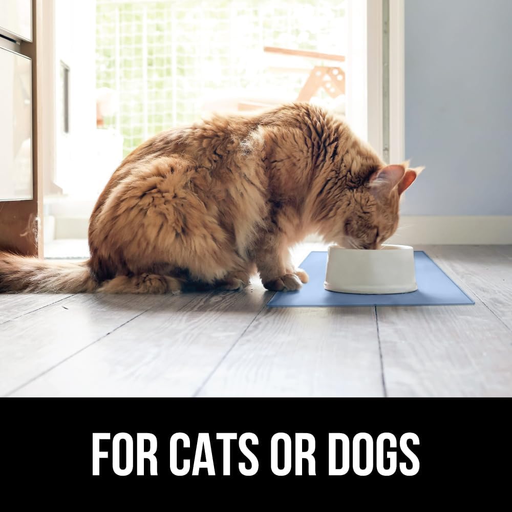 GORILLA GRIP 100% Waterproof Raised Edge BPA Free Silicone Pet Feeding Mat, Dog Cat Food Mats Contain Spills Protects Floors, Placemats for Cats and Dogs Water Bowl, Pets Accessories 18.5x11.5 Blue