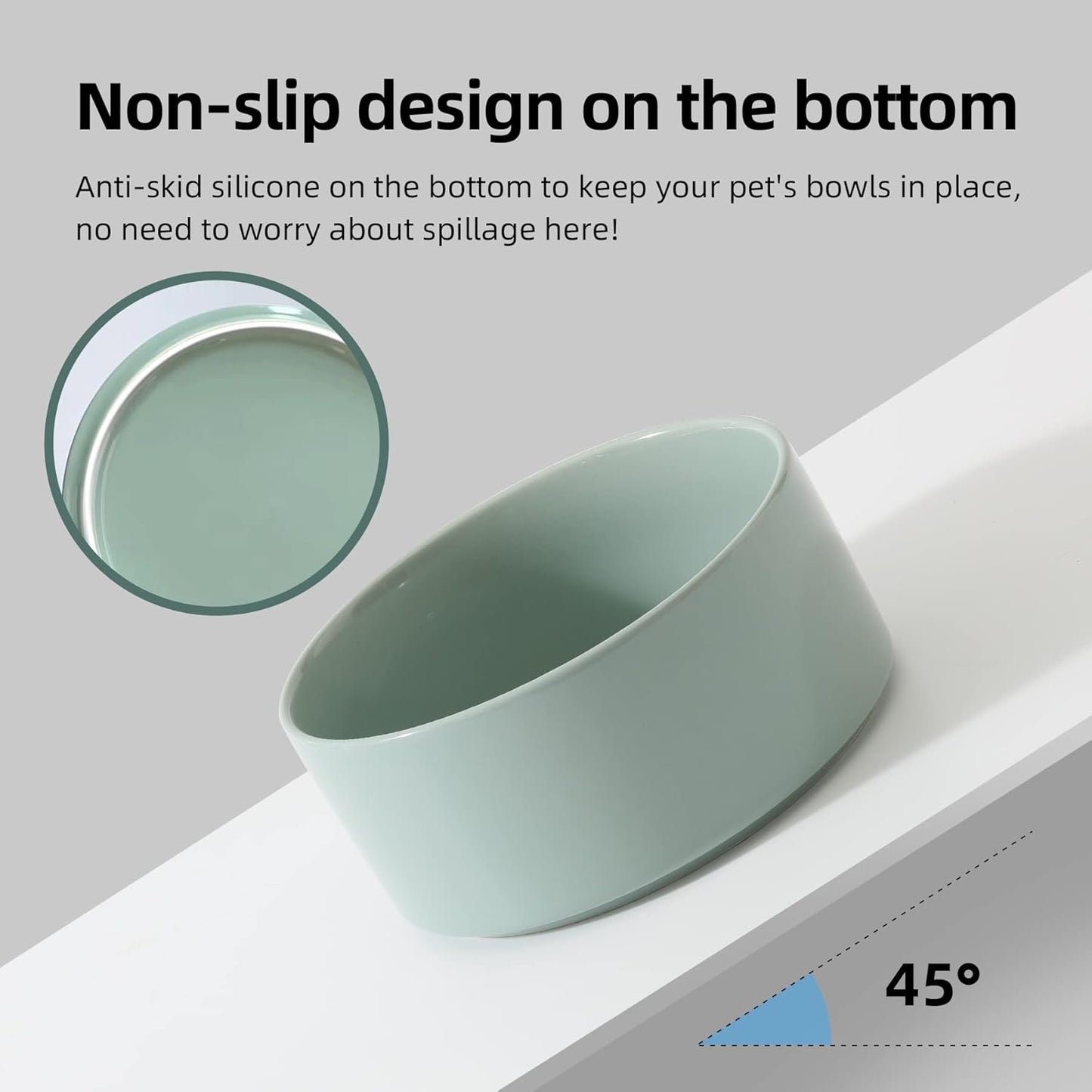 Ceramic 5.1inch Raised Dog and Cat Bowl Set, Elevated with Wooden Stand, Food and Water Bowl for Small Breed Dogs, Cats, Kitty, Weighted Dog Dishes, Pet Bowls(13.5oz, Light Green)
