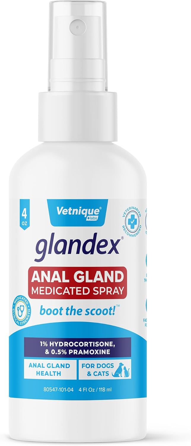 Vetnique Glandex Medicated Dog Butt Wipes or Spray for Dog Scooting - Topical Anti Itch Skin Relief for Soothing Inflamed Anal Glands in Dogs & Cats - Fast Acting Formula (4oz Spray)