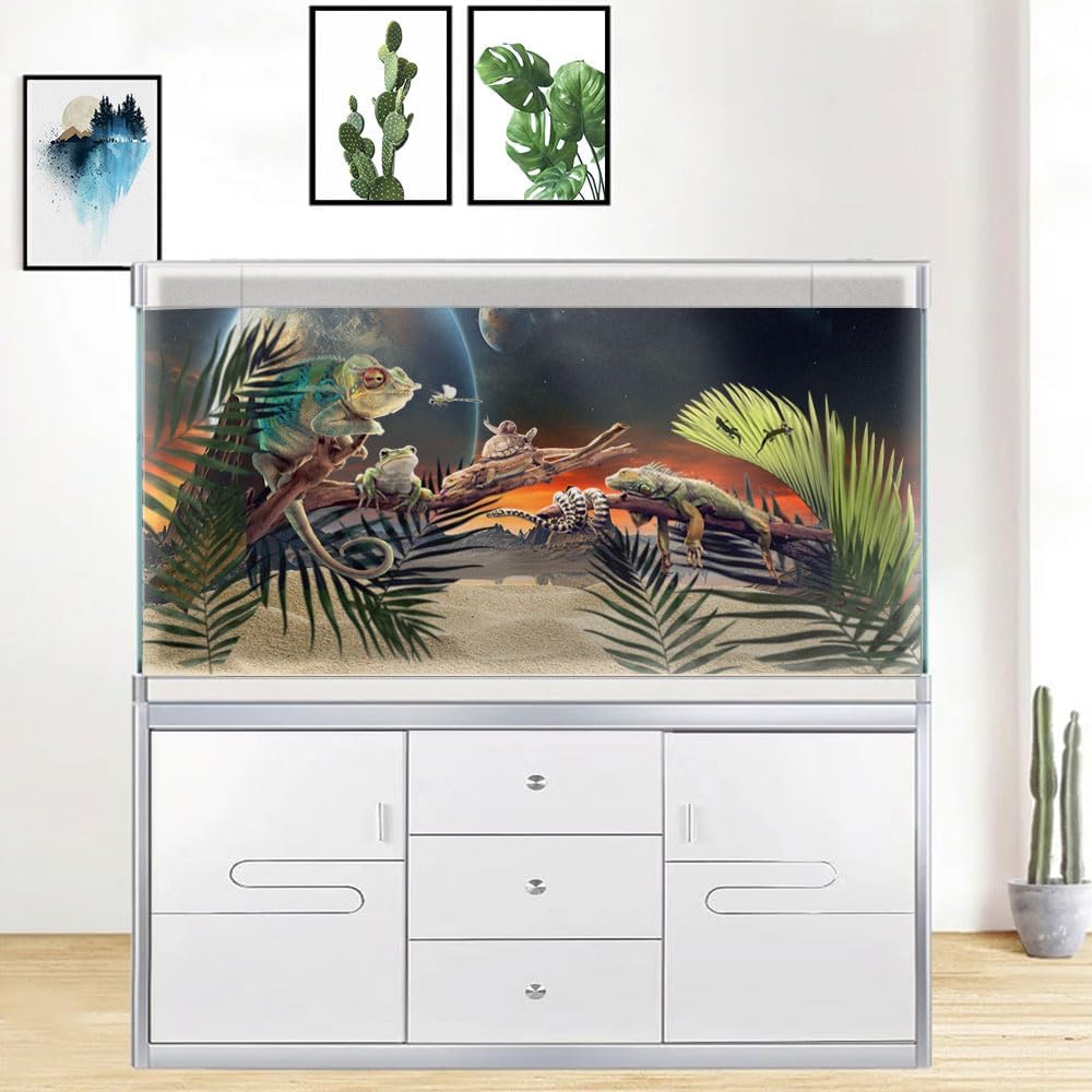 36X24IN Cosmic Aquarium Background, Cool Parallel Space Themed Fish Tank Background, Tropical Desert Terrarium Background with 8 EVA Double-Sided Tape