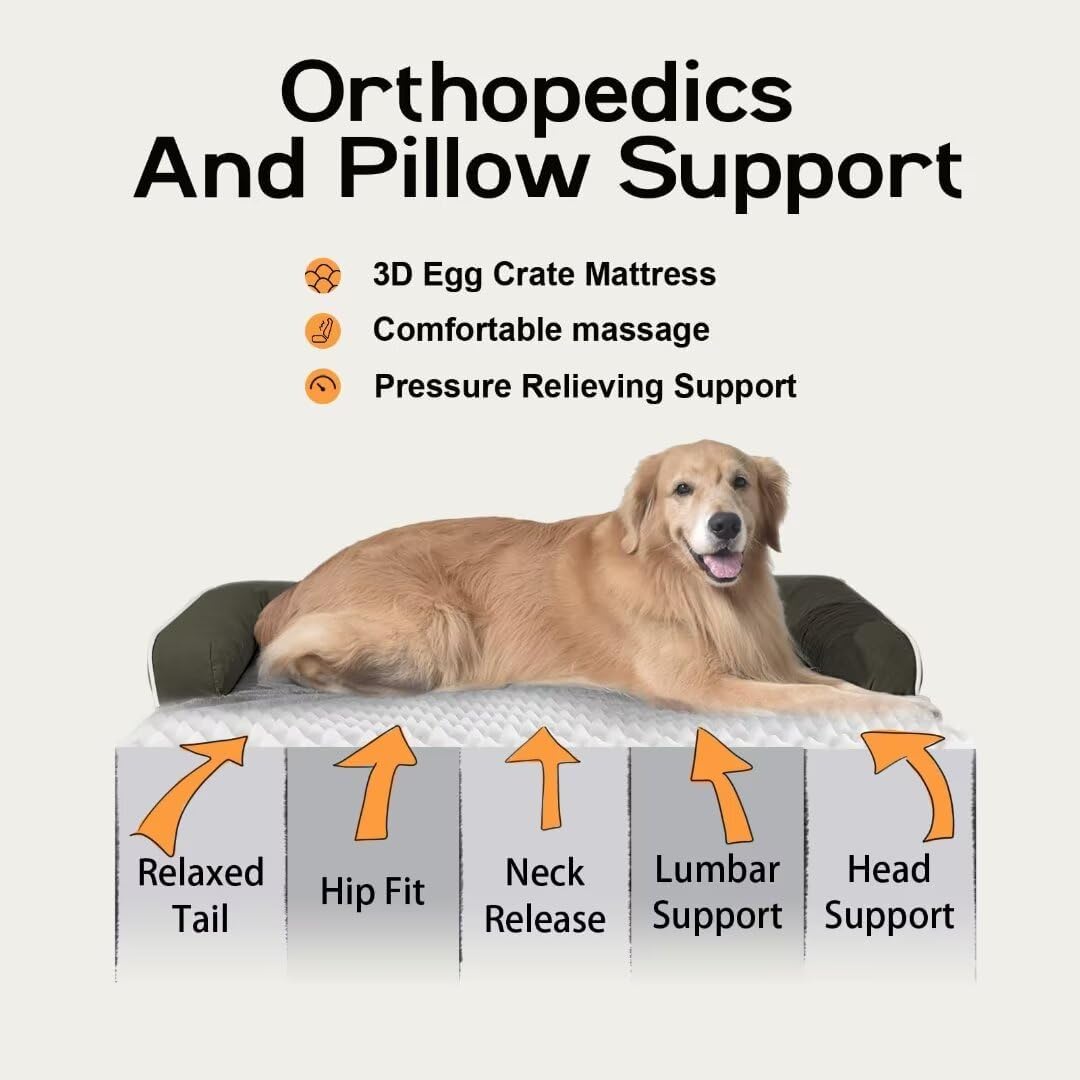 Large Dog Bed Orthopedic Washable - Beds Bolster Pet - XL Large Big Dogs - Memory Foam - Couch Sofa Bed- Waterproof with Removable Cover - Dark Green Dog Bed